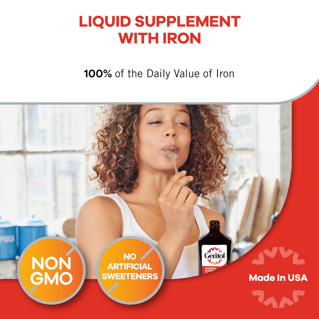 Geritol Liquid Vitamin and Iron Supplement, Energy Support Vitamins, Contains High Potency B-Vitamins and Iron, Easy to Swallow, No Artificial Sweeteners, Non-GMO, 12 Oz (Pack of 3)
