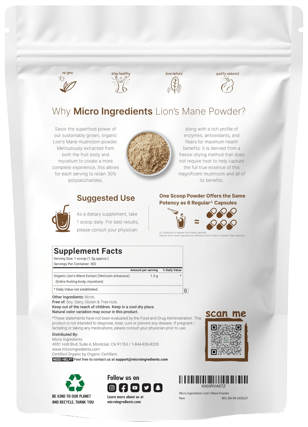 Micro Ingredients Organic Lion’s Mane Mushroom Powder, 16oz | Pure Fruiting Body Superfood | Supports Brain, Focus, Energy & Immune Health | Great for Smoothies & Coffee | Filler Free, Vegan, Non-GMO