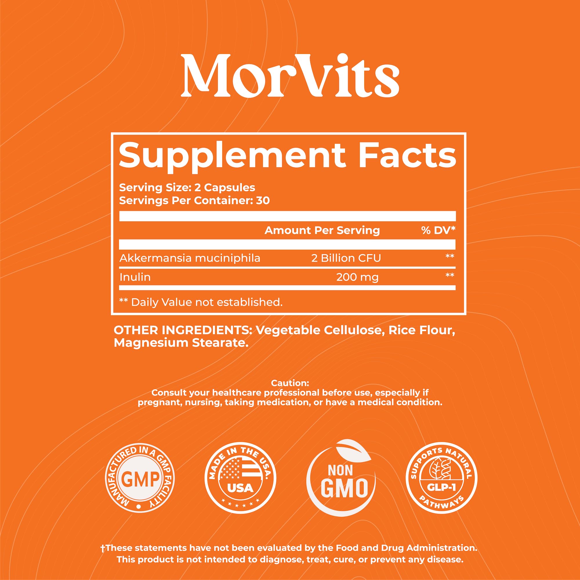 Morvits Akkermansia Probiotic for Cravings & Gut Health | GLP-1 Support Supplement with Akkermansia Muciniphila – 2 Billion CFU, Inulin Prebiotic Fiber – 60 Capsules, 1 Pack