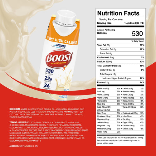 Boost Very High Calorie Very Vanilla Nutritional Drink – 22g Protein, 530 Nutrient Rich Calories, 8 Fl Oz (Pack of 24)