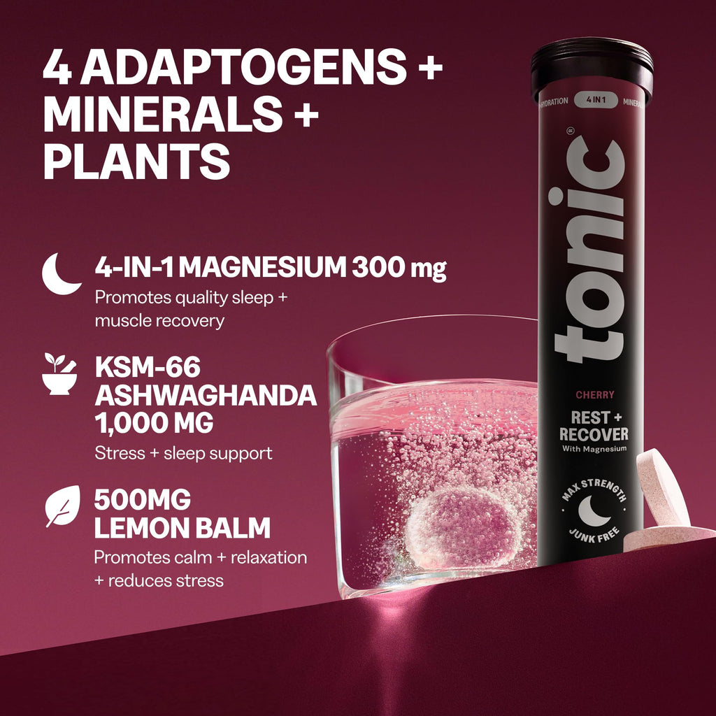 Tonic Health Rest and Recovery Effervescent Tablets - 300mg Elemental Magnesium, Ashwagandha, Lemon Balm - No Sugar, Magnesium Glycinate - Relax and Recharge, Calming Cherry 20 Count