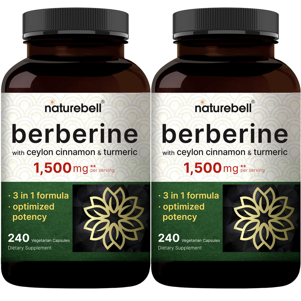 NatureBell Berberine Supplement 1,500mg with Ceylon Cinnamon & Turmeric Root, 480 Veggie Capsules (2 Pack) | 97% Pure Berberine HCL | Supports Balanced Sugar Levels & Heart Health | Vegan, Non-GMO