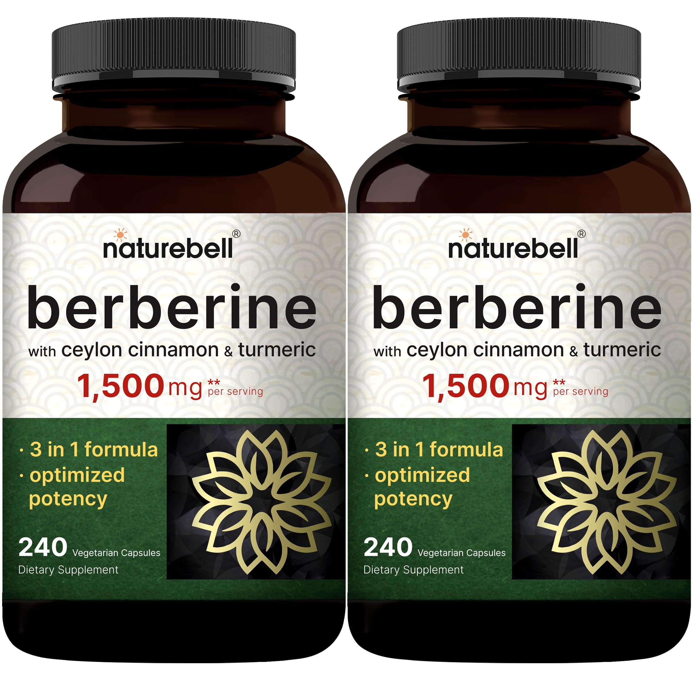 NatureBell Berberine Supplement 1,500mg with Ceylon Cinnamon & Turmeric Root, 480 Veggie Capsules (2 Pack) | 97% Pure Berberine HCL | Supports Balanced Sugar Levels & Heart Health | Vegan, Non-GMO