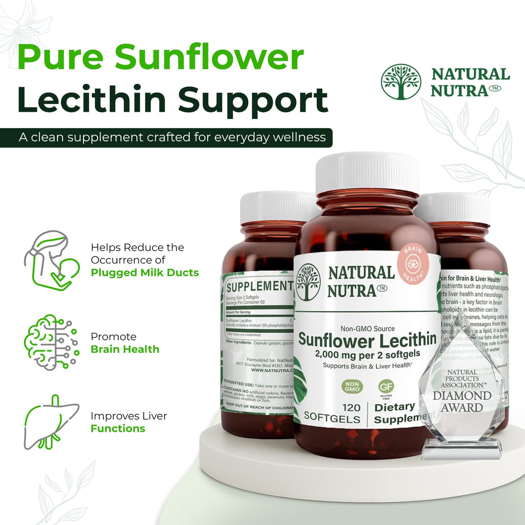 Natural Nutra Sunflower Lecithin Supplement 2000mg, Gluten-Free 120 Softgel