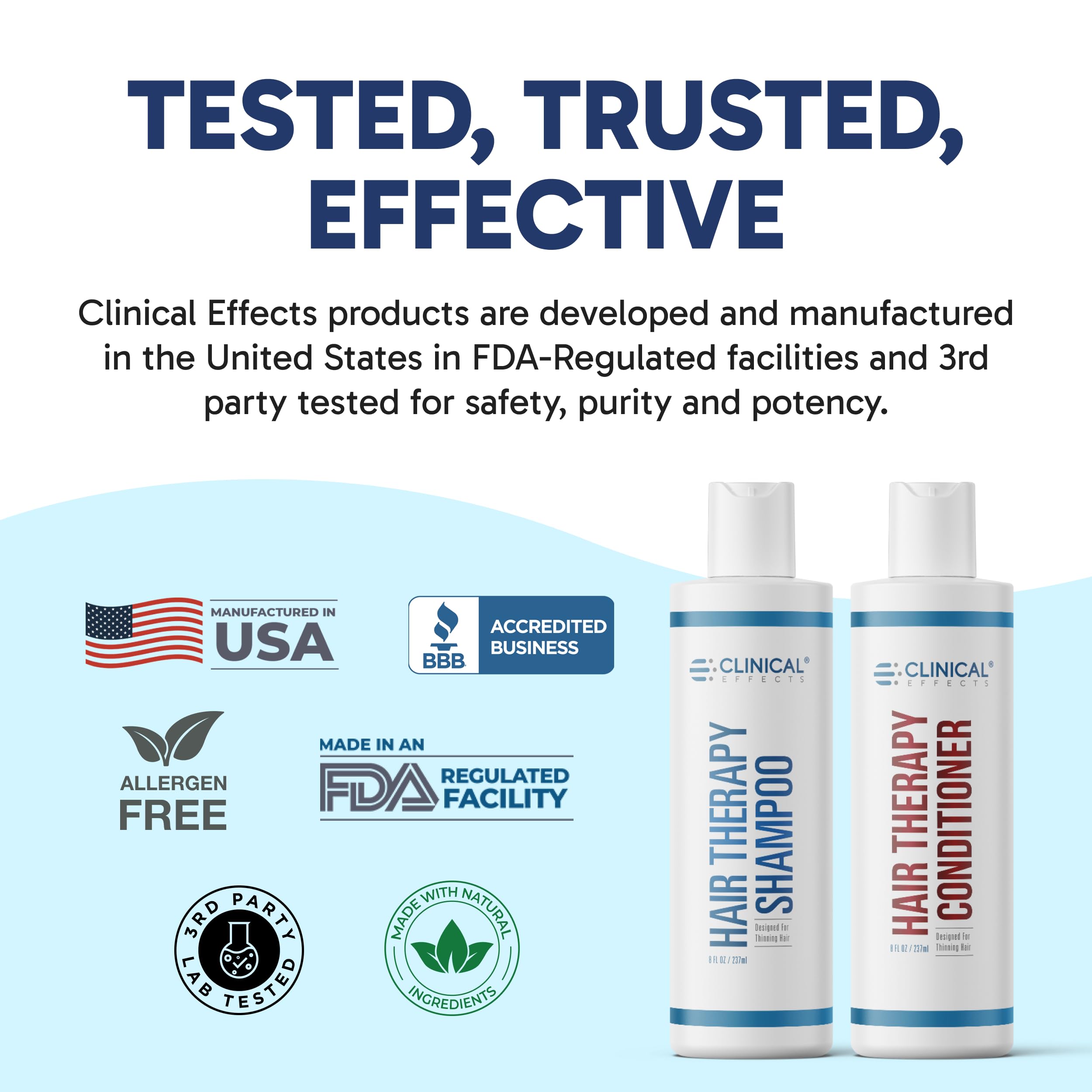 Clinical Effects Hair Therapy Shampoo and Conditioner Set - Hair Growth Shampoo and Conditioner for Thinning Hair - Biotin, Saw Palmetto, and DHT Blocking Ingredients - USA Made - 2 Bottles, 8 fl oz