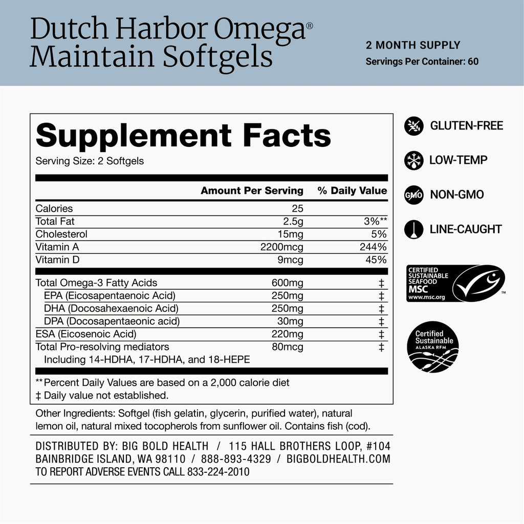 BIG BOLD HEALTH Dutch Harbor Omega Maintain Softgels - Premium Alaskan Cod Liver Oil (120 Count) - Sustainably Sourced Omega-3 Supplement with EPA, DHA, DPA - Natural Vitamins A & D - MSC Certified