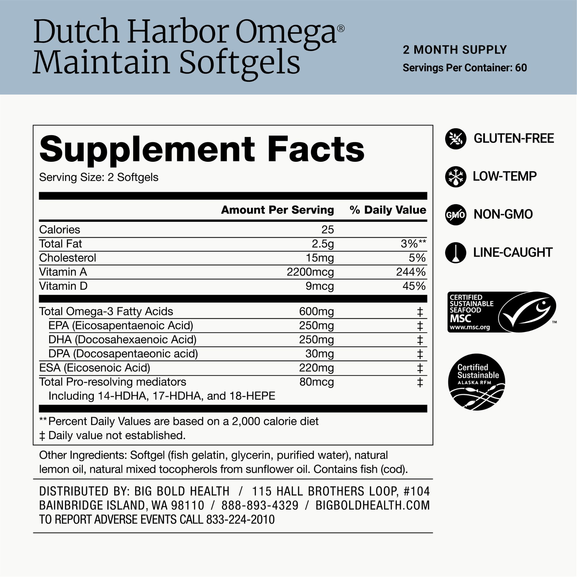BIG BOLD HEALTH Dutch Harbor Omega Maintain Softgels - Premium Alaskan Cod Liver Oil (120 Count) - Sustainably Sourced Omega-3 Supplement with EPA, DHA, DPA - Natural Vitamins A & D - MSC Certified