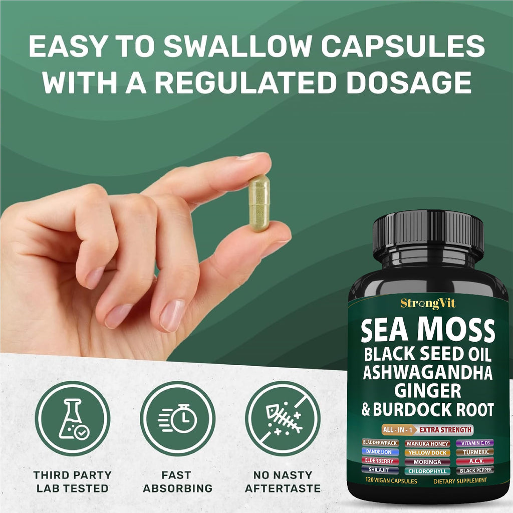 Sea Moss Black Seed Oil Ashwagandha Ginger, Organic Sea Moss Capsules with Burdock Root, Irish Seamoss Pills with Bladderwrack, Turmeric, Shilajit, Multimineral Supplement, USA (120 Capsules)