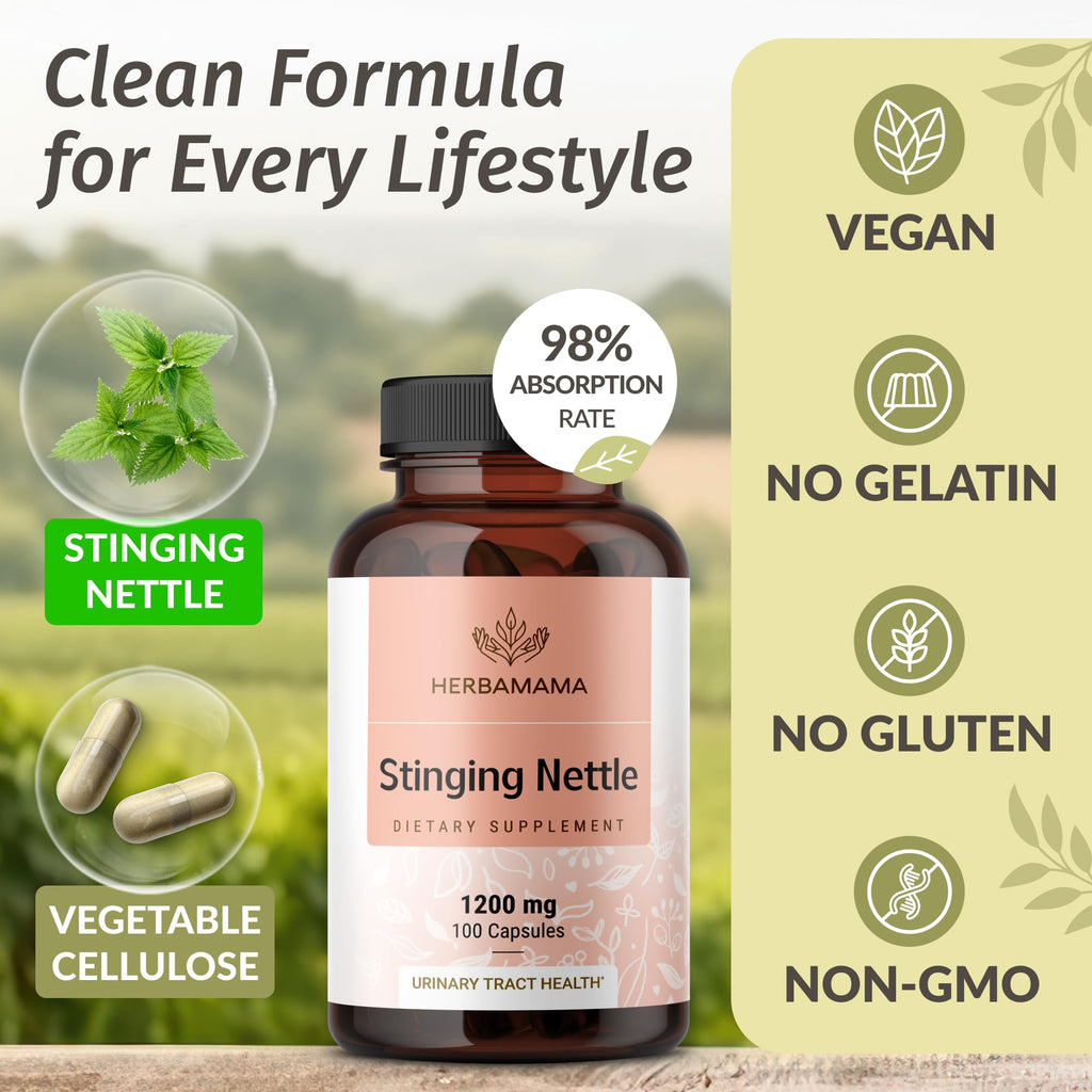 HERBAMAMA Stinging Nettle Capsules - 1200mg Stinging Nettle Root Extract for Urinary Tract Support - Vegan, Non-GMO Urtica Dioica Supplement