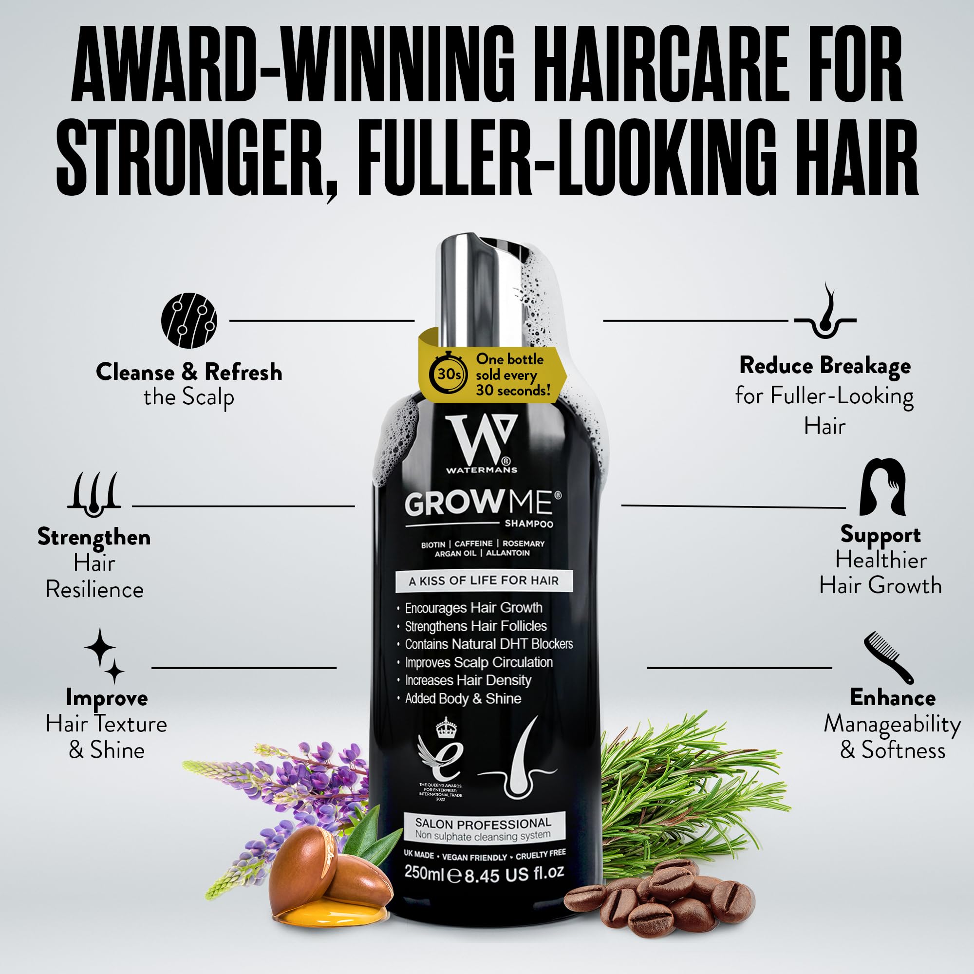 Watermans Grow Me Organic Hair Growth Shampoo for Men & Women – Strengthening & Moisturizing with Biotin, Rosemary, Caffeine & Argan Oil for Fuller, Thicker-Looking Hair (8.45 fl oz)