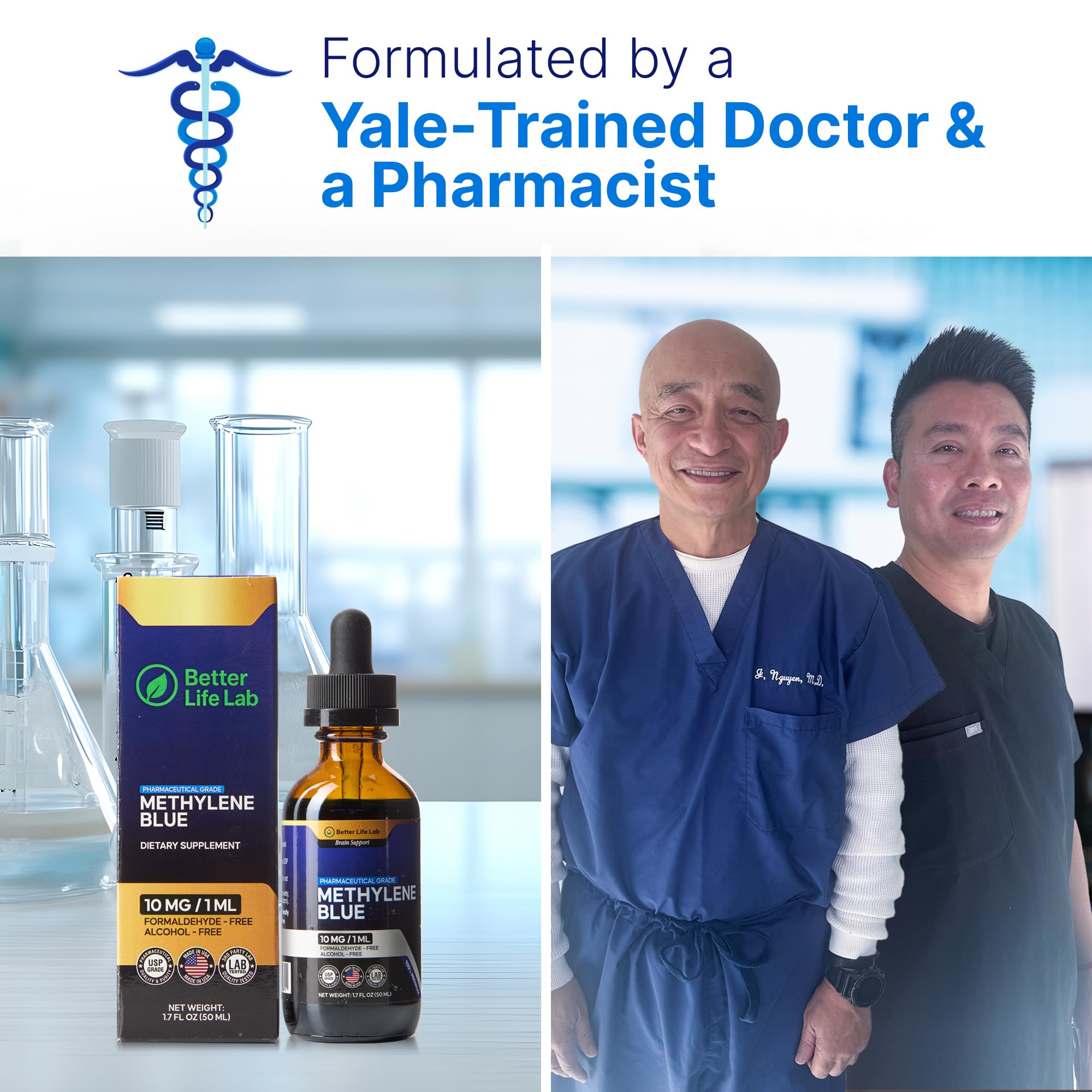 BETTER LIFE LAB Methylene Blue Pharmaceutical Grade 99.99% with Dropper, Health Dietary Supplement for Humans, No Formaldehyde, Made in USA (1% 50ml Bottle) 1 Fl Oz (2 Pack)