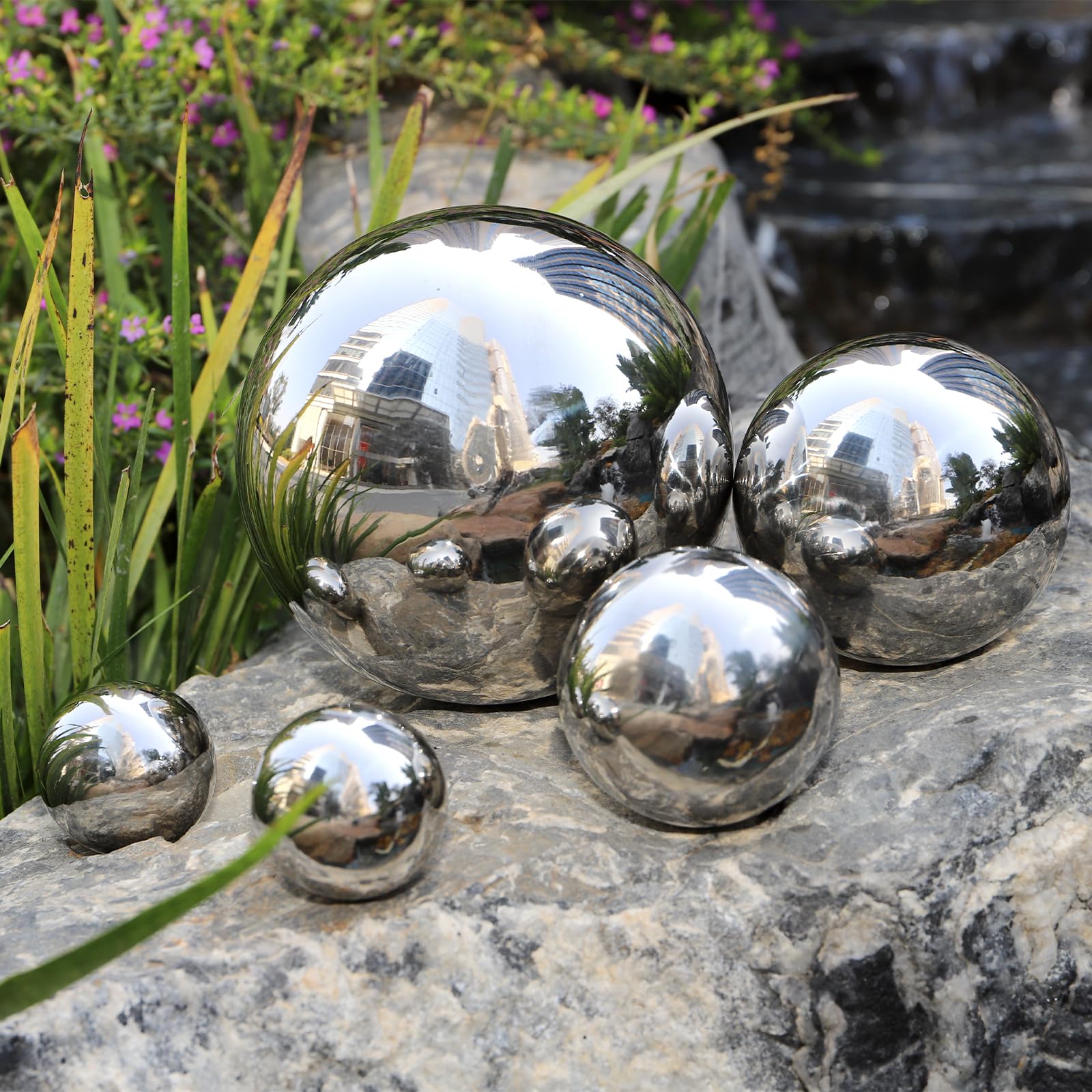 yarlung Set of 10 Stainless Steel Gazing Balls, 50-150 mm Garden Mirror Globe Floating Pond Sphere, Silver Polished Hollow Ball Reflective Ornament for Home Yard Outdoor Lawn Decoration