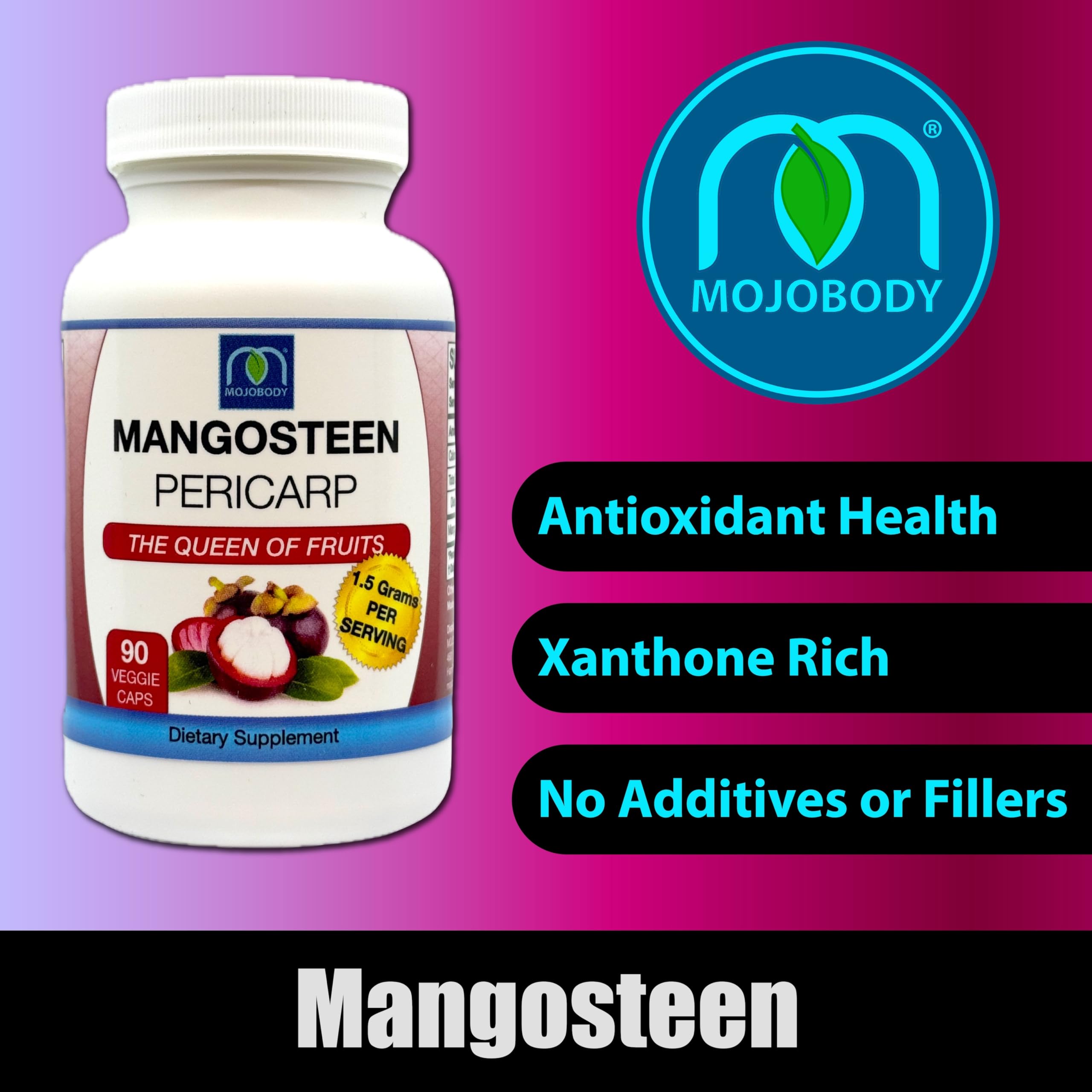 MOJObody Freeze Dried Mangosteen Pericarp Capsules, 1.5 Grams per Serving, 90 Veggie Capsules per Bottle, Xanthone Rich