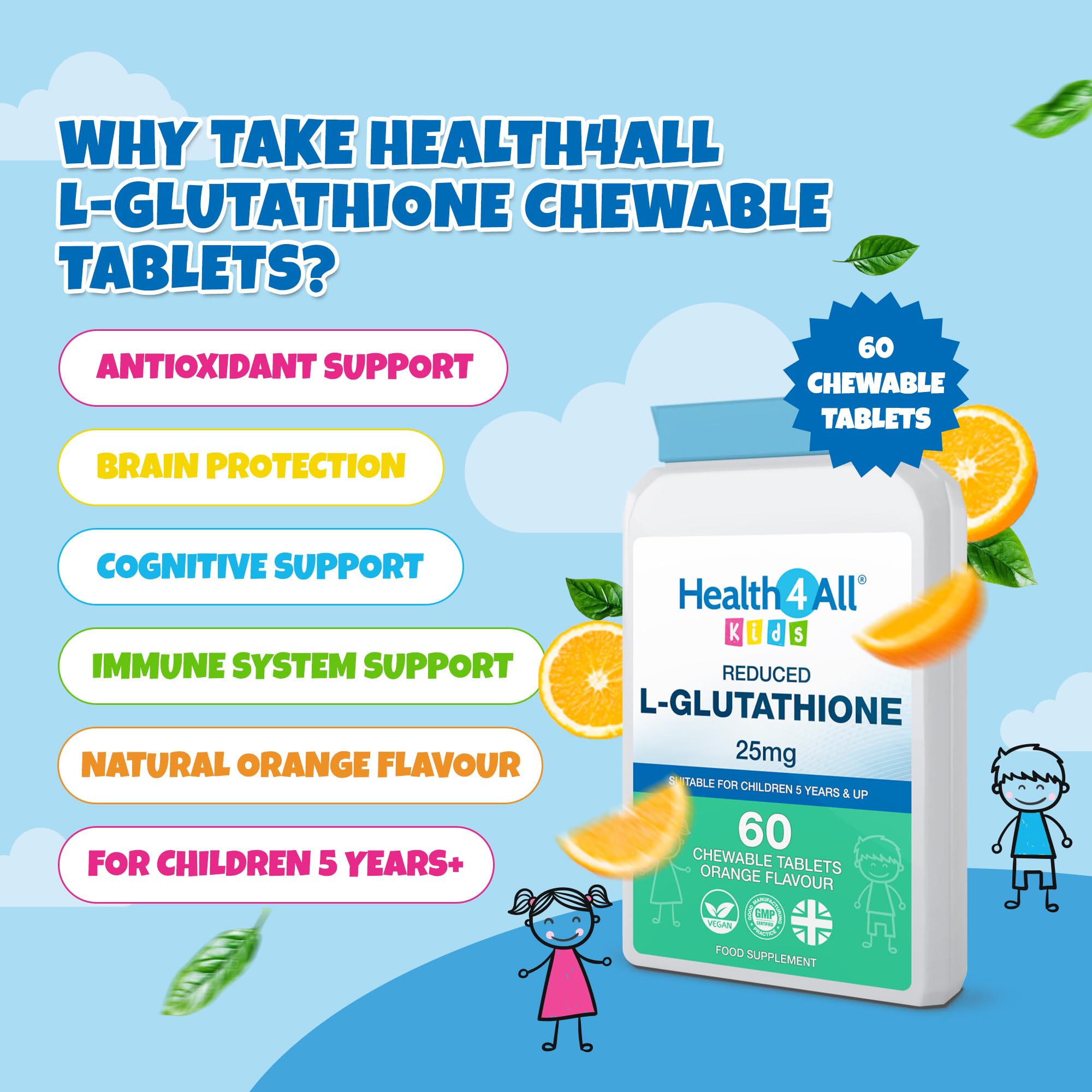 Kids L-Glutathione 25mg 60 Chewable Tablets, Reduced Glutathione (GSH)