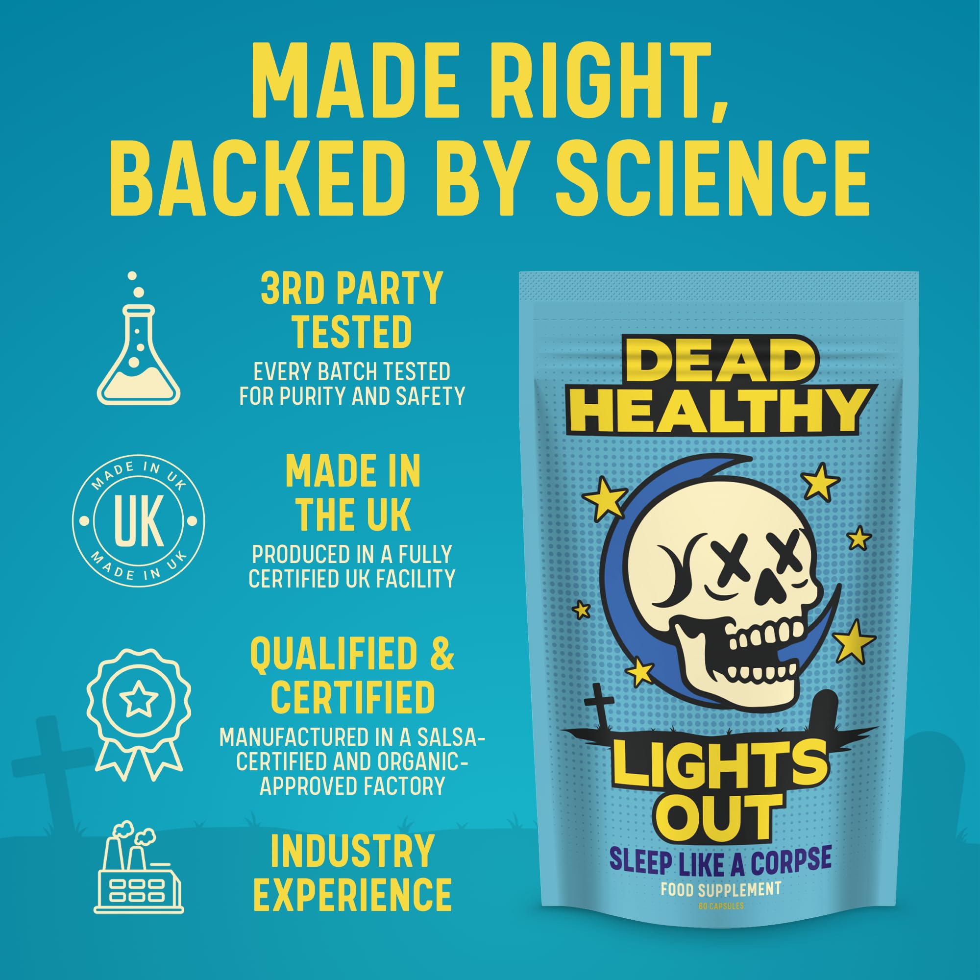 Dead Healthy Lights Out – Premium Night-Time Sleep Support with Magnesium, L-Theanine, Lemon Balm & Tart Cherry – 60 Vegan Capsules – Made in the UK