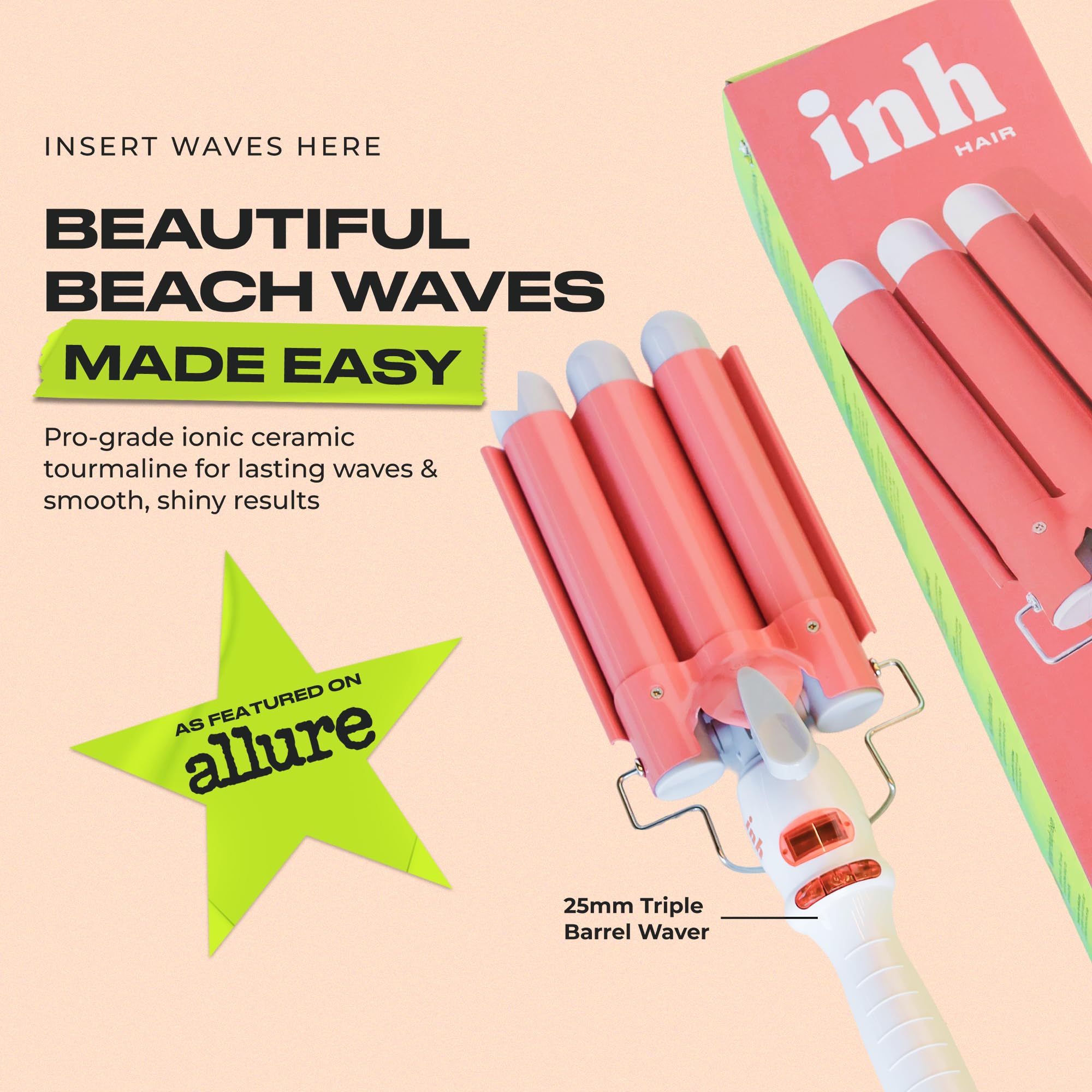 INH Hair Waver 3 Barrel | Ceramic Curling Iron for Beach Waves | Wavy Hair Curler for Fine, Thin, Thick, Long & Short Hair | Dual Voltage Deep Waver w/LED Screen & 360º Swivel Cord for Easy Styling