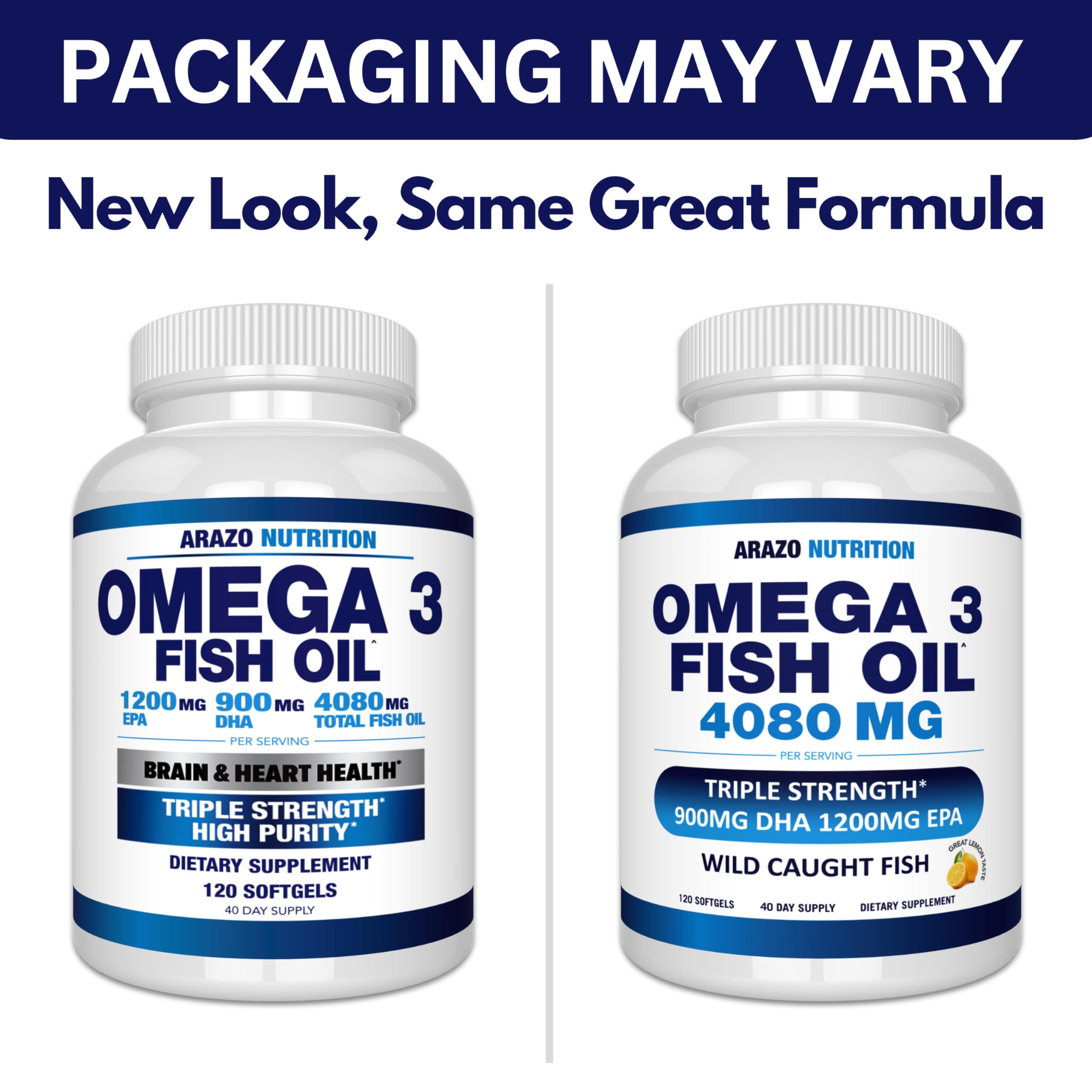 Arazo Nutrition Wild Caught Omega-3 Fish Oil Concentrate – 4,080mg per Serving – High EPA 1200mg & DHA 900mg – 120 Burpless Lemon Softgels