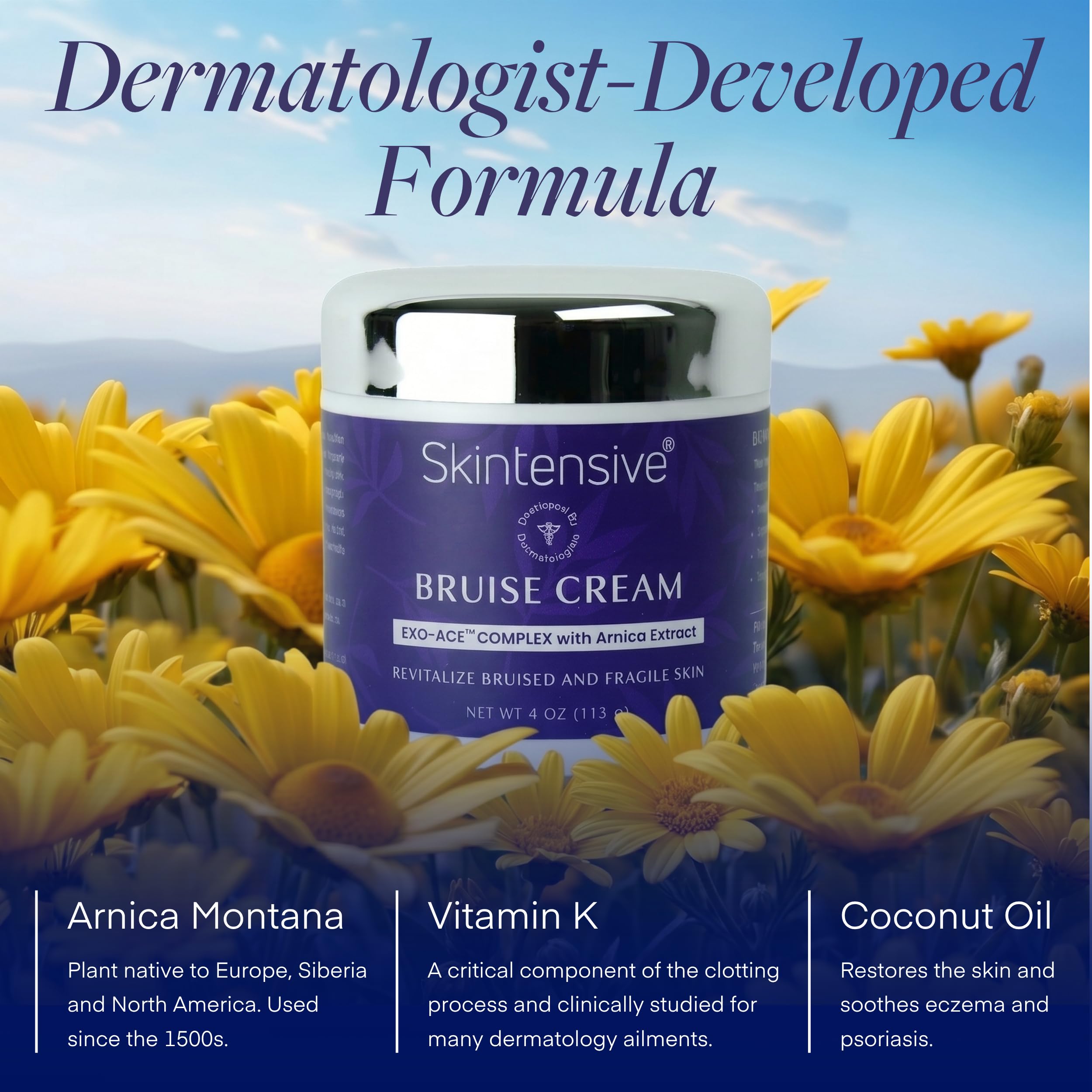 SKINTENSIVE Arnica Bruise Cream for Thin Skin – Vitamin K Cream for Bruises & Skin Discoloration, Moisturizing Arnica Cream for Seniors, Non-Greasy Formula, 4 Oz