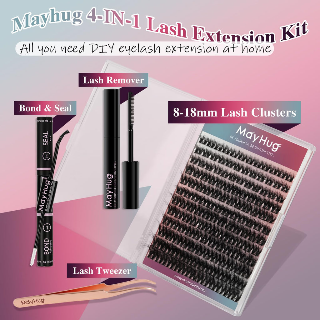 MayHug 3D Wispy Cluster Lashes Kit - Waterproof Lash Clusters 8-18MM C Curl Lashes - 144Pcs Individual Eyelashes Kit with Remover, Bond and Seal (Prism, 4 In 1)