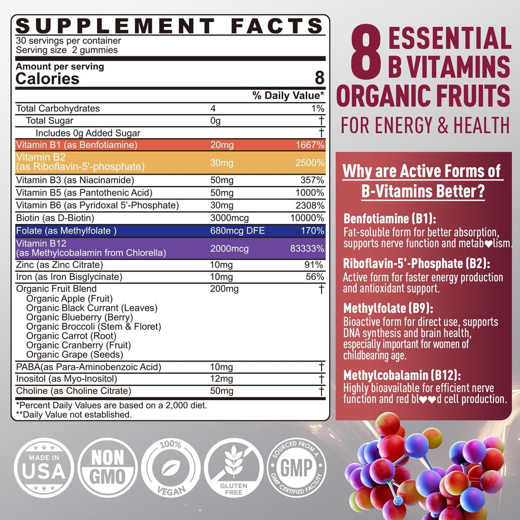Nextdia Brain & Mood Support Gummies, Super Vitamin B Complex for Men & Women, All B Vitamin B1 B2 B3 B5 B6 B7 Folate MethyB12 with PABA, Inositol, Choline, Supports MTHFR Gene & Energy, Vegan, 120Ct