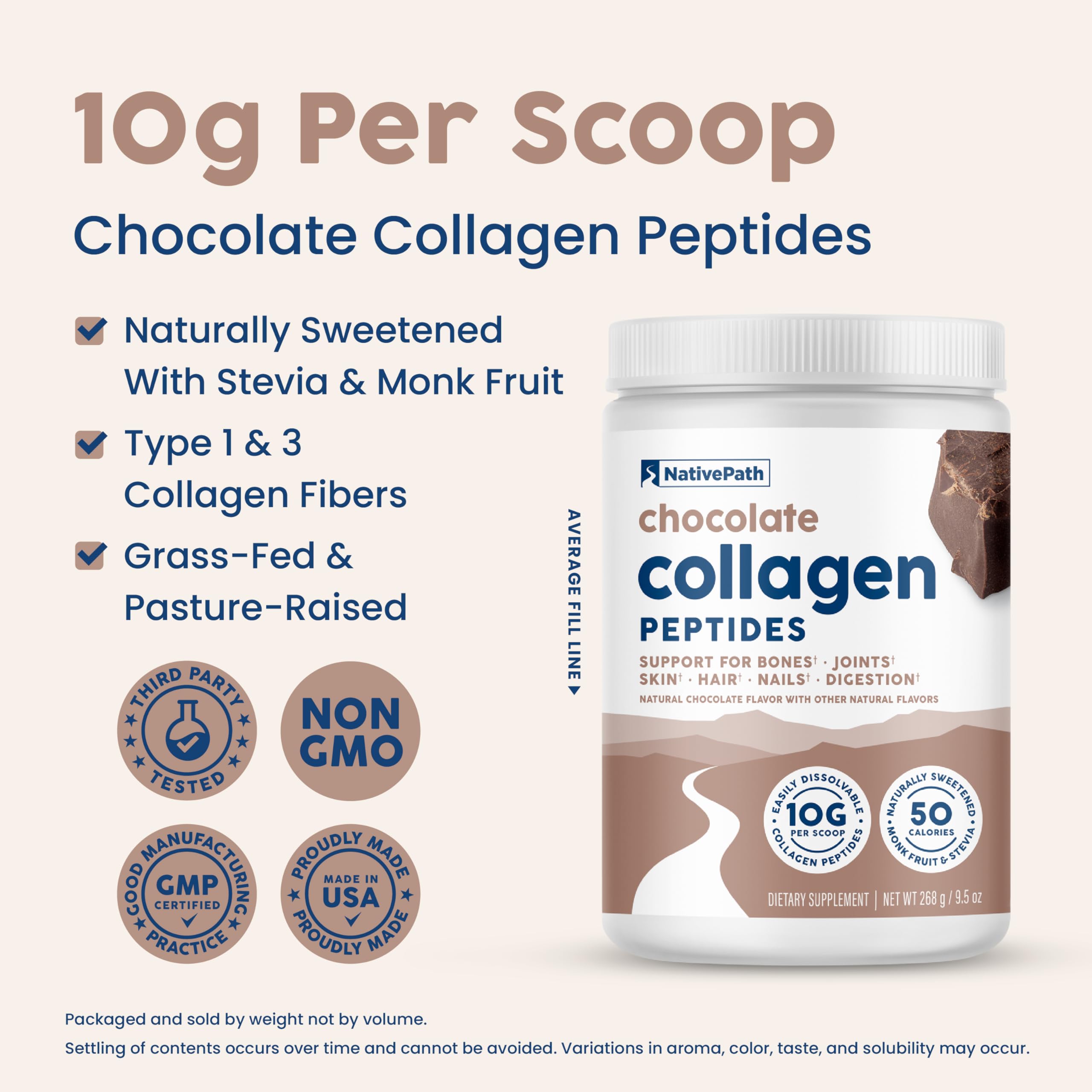 NativePath Collagen Peptides - Hydrolyzed Type 1 & 3 Collagen. Keto & Paleo Grass-Fed Protein Powder for Hair, Skin, Nails, Bones, Joints, Digestion and More - No Gluten or Dairy (Chocolate, 268g)