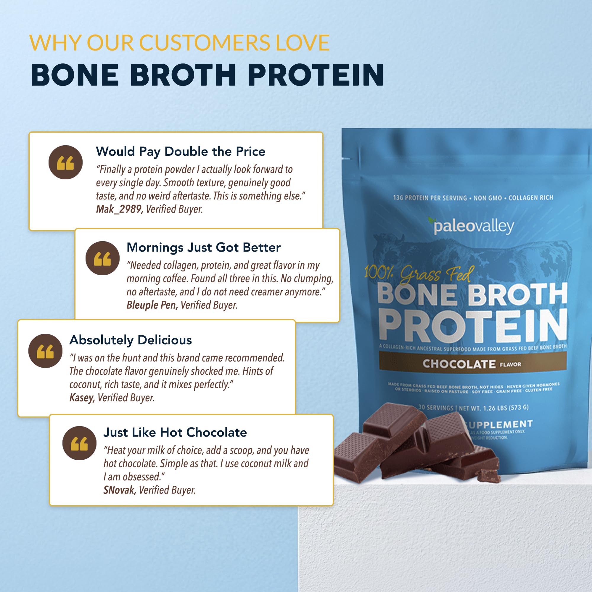 Paleovalley 100% Grass Fed Beef Bone Broth Protein Powder - Rich in Collagen Peptides for Hair, Skin, Gut Health, Bone and Joint Support - 13g Protein Per Serving - No Gluten or GMOs - Chocolate