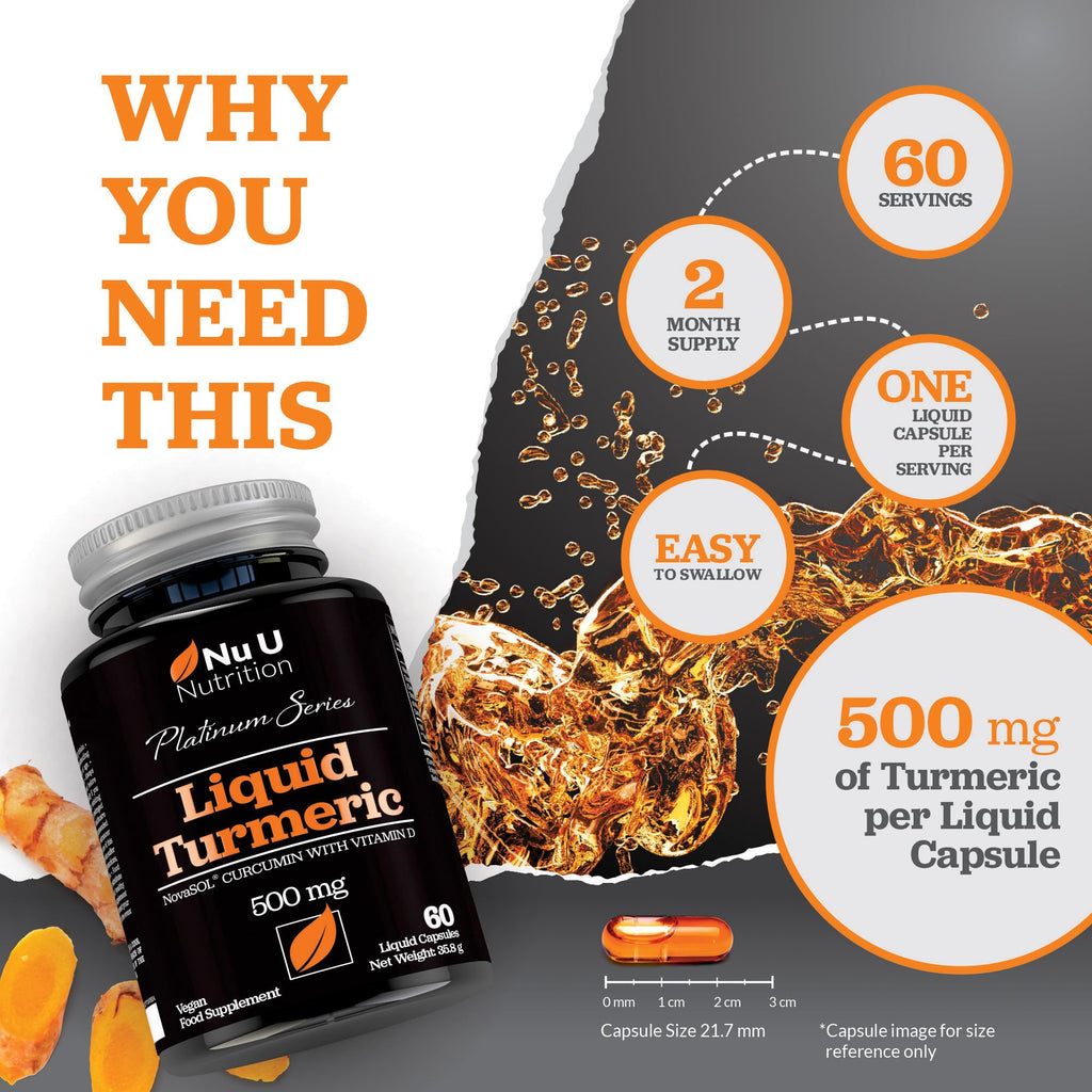NovaSOL® Curcumin - Liquid Turmeric with Vitamin D - 60 Vegetarian Capsules - 185x More Bioavailability - High Strength Tumeric Supplement - Made in The UK - Nu U Nutrition