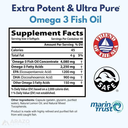 Arazo Nutrition Wild Caught Omega-3 Fish Oil Concentrate – 4,080mg per Serving – High EPA 1200mg & DHA 900mg – 120 Burpless Lemon Softgels