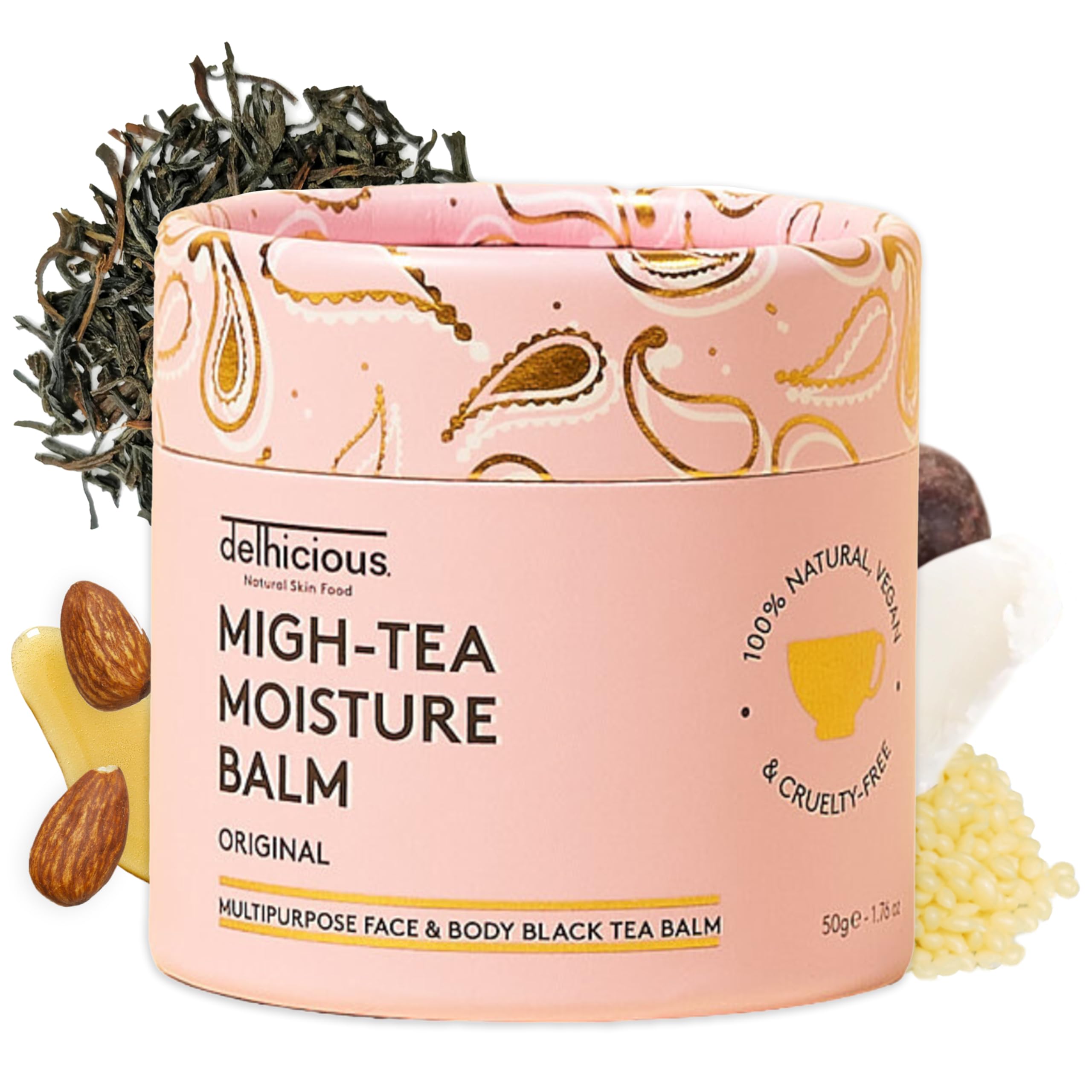 Delhicious Migh-Tea Moisture Face & Body Balm for Very Dry Skin - Nourishing Shea Butter Moisturizer - Eczema Relief, Psoriasis Treatment - Natural, Vegan, Ayurveda Body Butter with Almond Oil - 50g