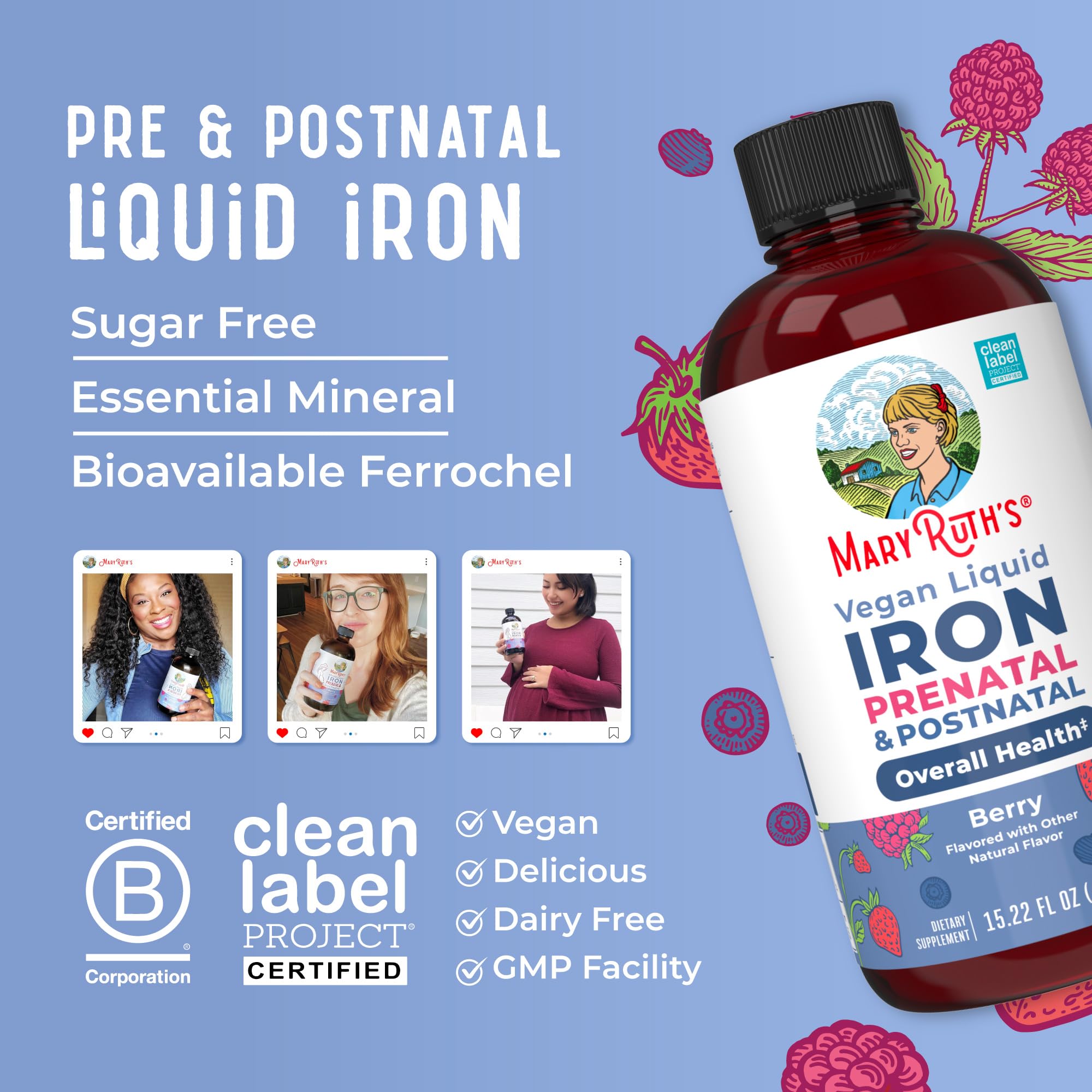 MaryRuth’s Prenatal Postnatal Iron Liquid | Iron Supplement for Prenatal & Postnatal | Bioavailable Ferrochel | Red Blood Cell Production | Sugar Free | Vegan | Non-GMO | Gluten Free | 15.22 Fl Oz