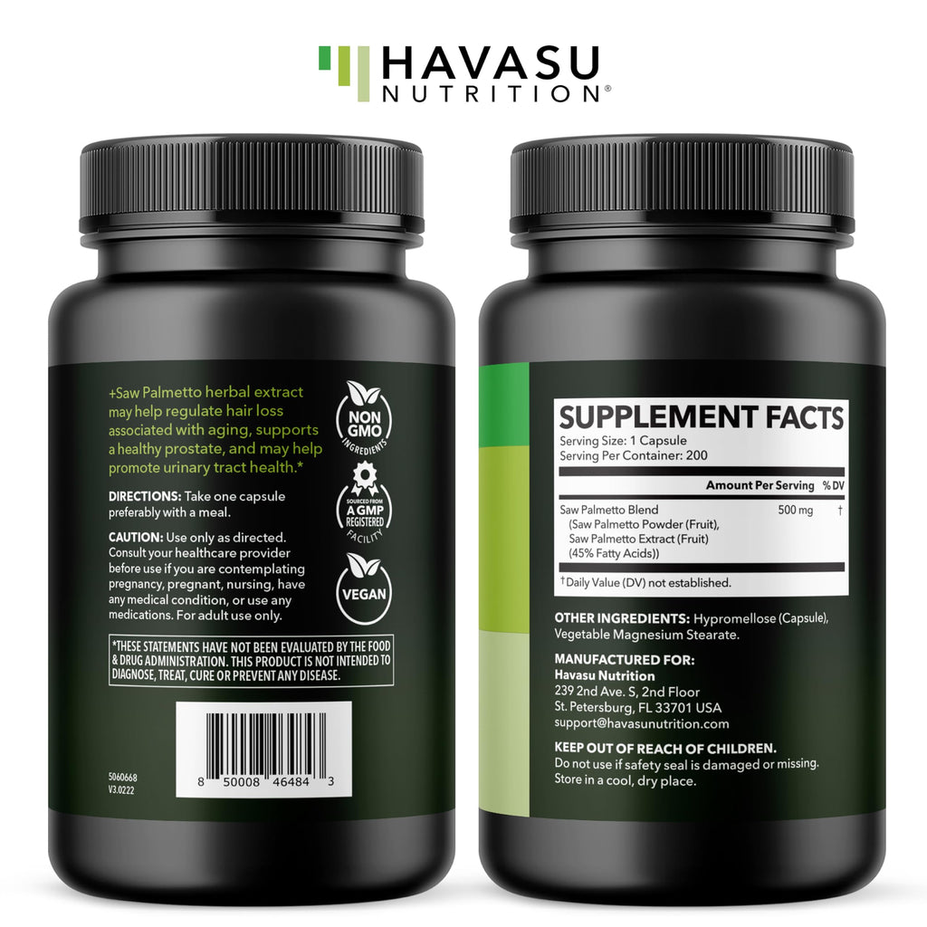 Saw Palmetto for Men Prostate Health Supplement to Promote Urinary Tract Function - 500mg Per Serving - 200 Count - DHT Blocker Hair Vitamin - Vegan, Non-GMO Capsules, Over 6 Month Supply
