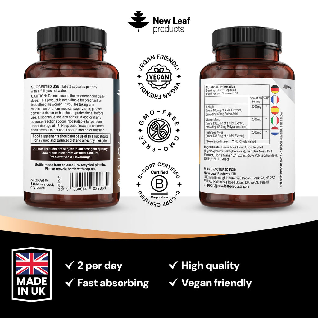 Shilajit Seamoss and Lions Mane Capsules 6000mg - High Strength Complex - 60% Fulvic Acid Shilajit, Irish Sea Moss, Lions Mane 100% Fruiting Body - Vegan, UK Made 120 Capsules