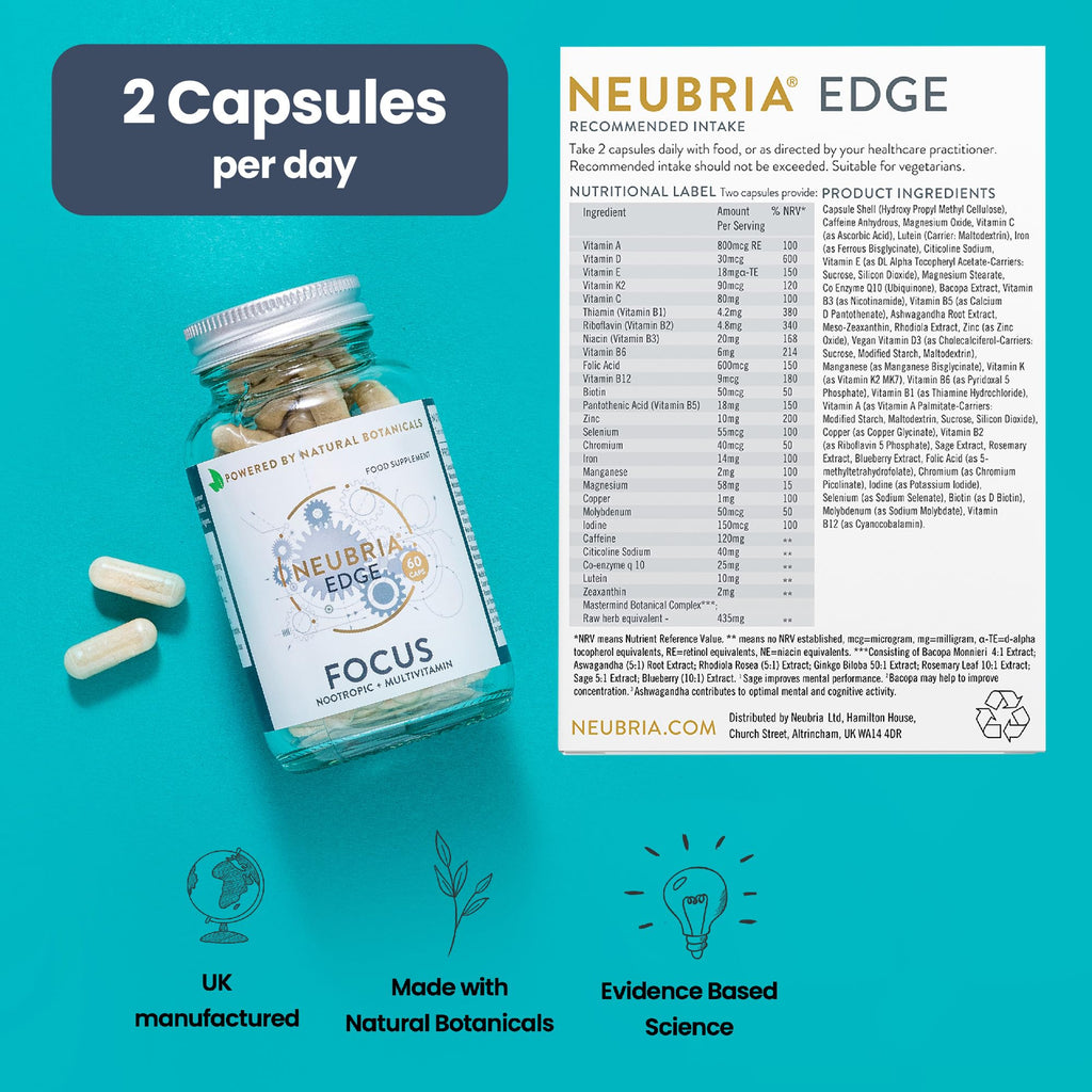 Neubria Edge Focus Formula Nootropic and Multivitamin, Helps to Improve Concentration and Focus with 22 Essential Vitamins and Minerals - 60 Capsules (one month's Supply)