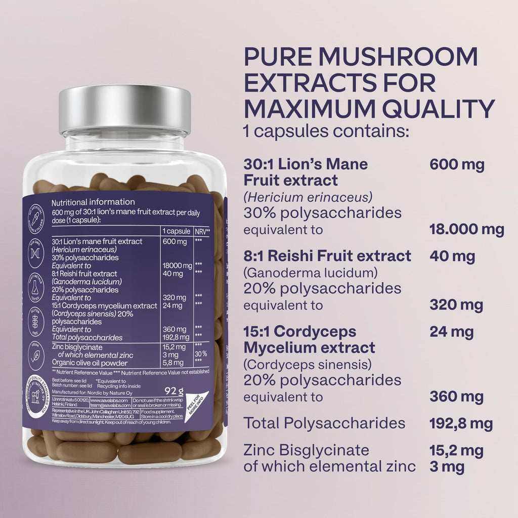 Lions Mane Supplement-18,000mg (30:1 Extract)+Zinc, Reishi & Cordyceps-3 Mushrooms Herbal supplements -Nootropic Complex Lion's Mane Mushroom Supplement-120 Lion's Mane Capsules(Not Lions Mane Powder)