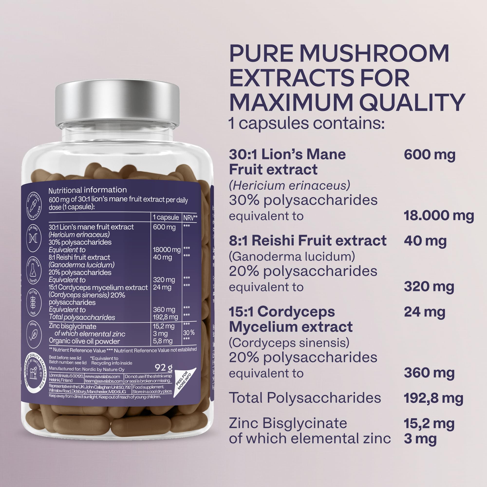 Lions Mane Supplement-18,000mg (30:1 Extract)+Zinc, Reishi & Cordyceps-3 Mushrooms Herbal supplements -Nootropic Complex Lion's Mane Mushroom Supplement-120 Lion's Mane Capsules(Not Lions Mane Powder)