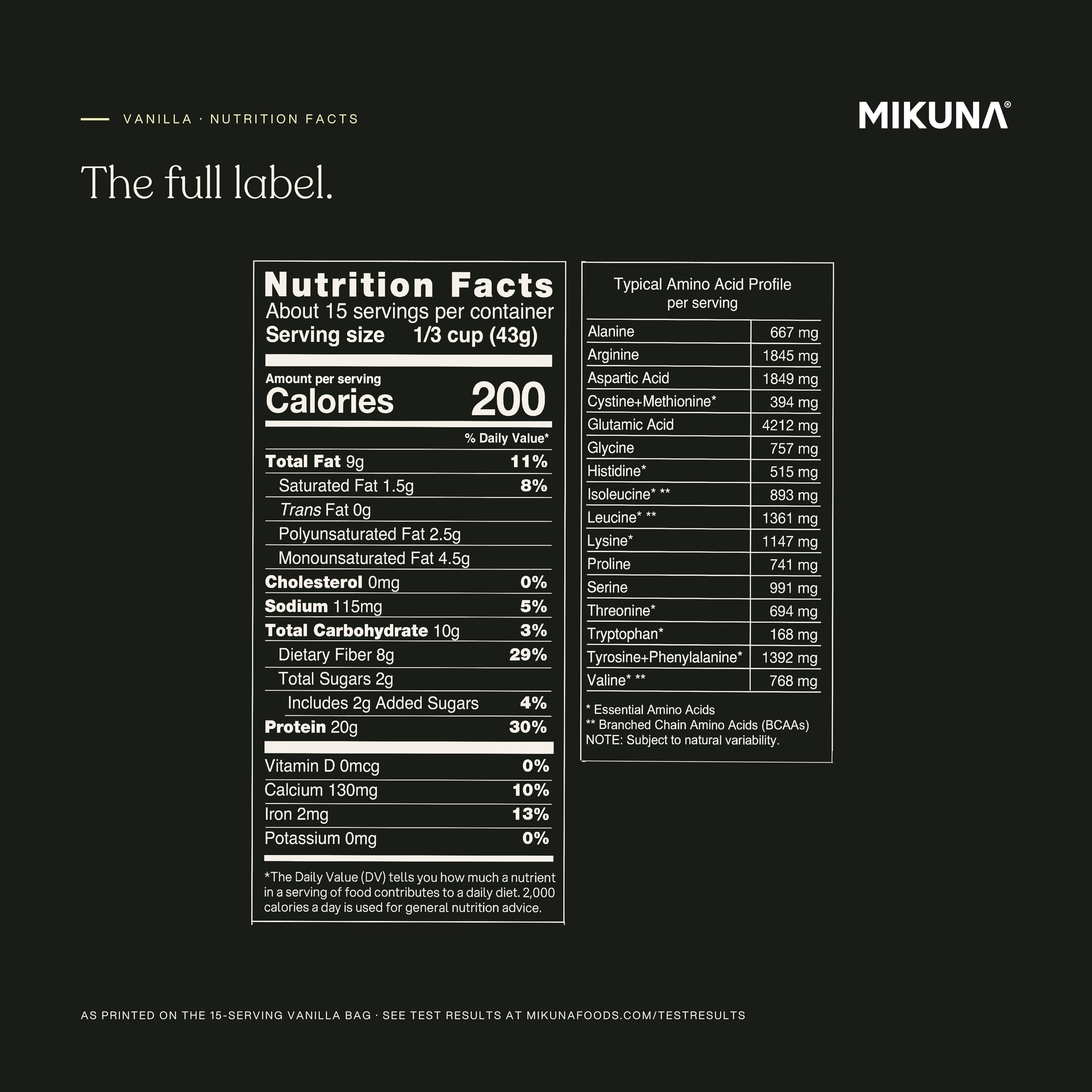 Mikuna Chocho Plant Protein Powder, Vanilla - 20g Protein, 8g Fiber - Third-Party Tested, Vegan, Lectin Free - 15 Servings