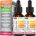(2 Pack) Organic Vitamin D3 K2 Drops with MCT Oil & Omega 3 - Liquid Vitamin D3 5000 IU - K2 D3 Vitamin Supplement - Vitamin D Drops for Women & Men - No Fillers, Non-GMO, GMP, Strawberry (2 Fl Oz)
