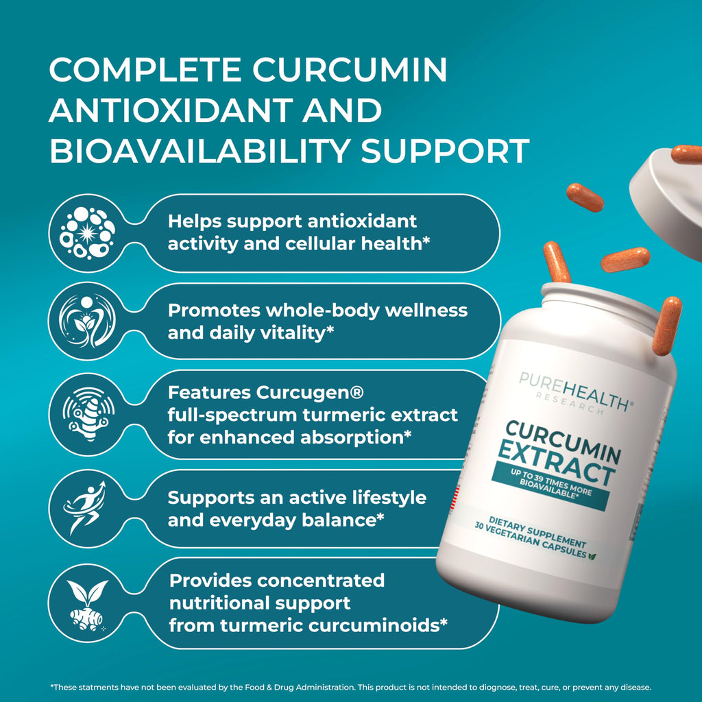 PUREHEALTH RESEARCH Curcumin Extract - High Absorption Turmeric Supplement for Immune, Joint & Muscle Support - for Heart & Brain Health - Powered by Curcugen x39 Bioavailable - 30 Capsules