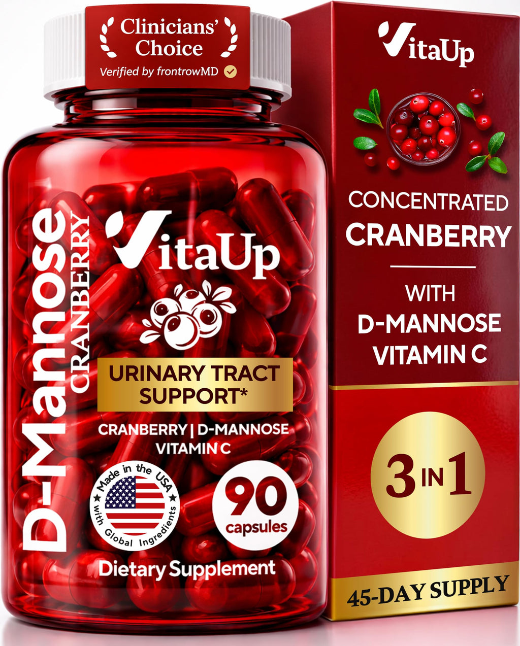 VitaUp D-Mannose & Cranberry Supplement for Women – USA Made Cranberry, Vitamin C & D-Mannose Supplement – Cranberry Capsules for Women for Urinary Tract & Bladder Support – 90 Vegan Capsules