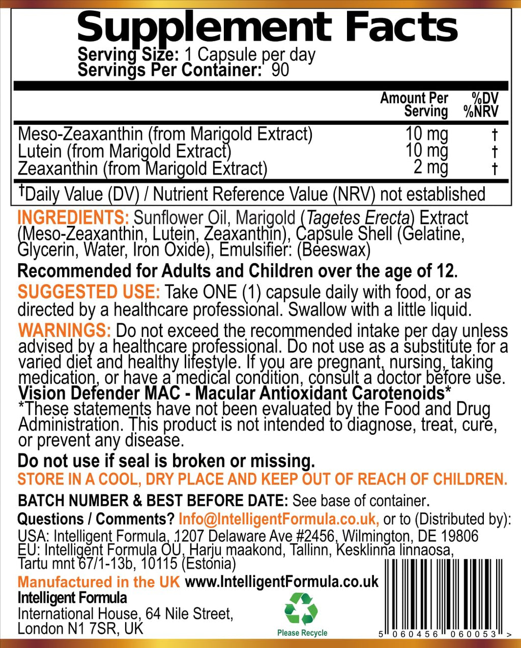 Vision Defender MAC Eye Supplement: Lutein, Zeaxanthin & Meso-Zeaxanthin Triple Antioxidant Carotenoids for Eye Health and Eyesight (90 Capsules/One Capsule Daily) Made in UK