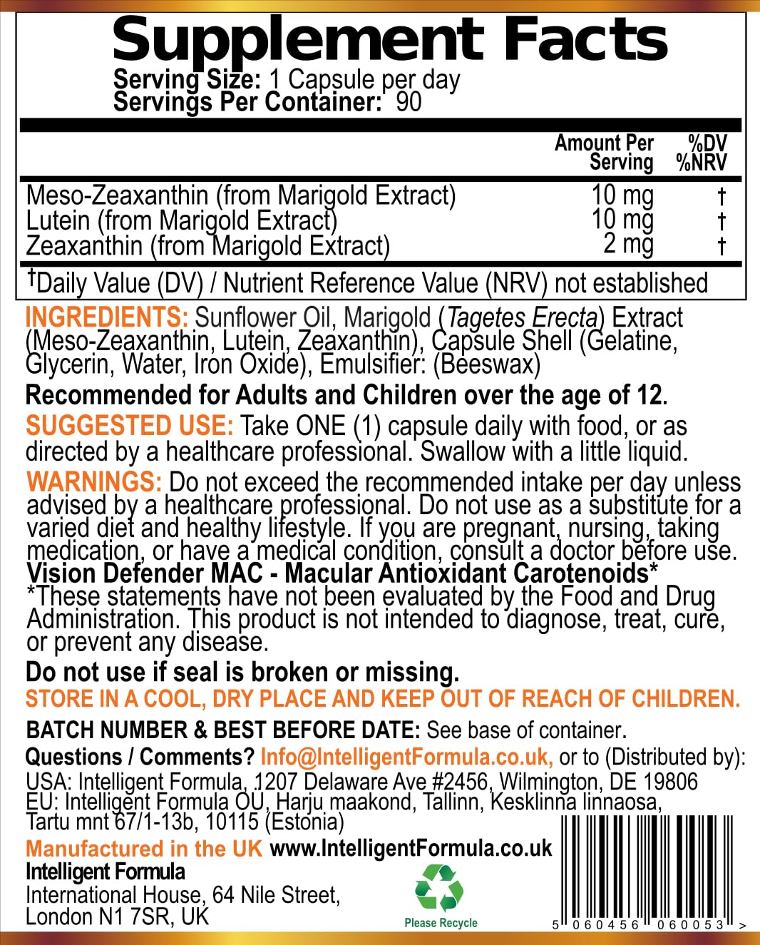 Vision Defender MAC Eye Supplement: Lutein, Zeaxanthin & Meso-Zeaxanthin Triple Antioxidant Carotenoids for Eye Health and Eyesight (90 Capsules/One Capsule Daily) Made in UK