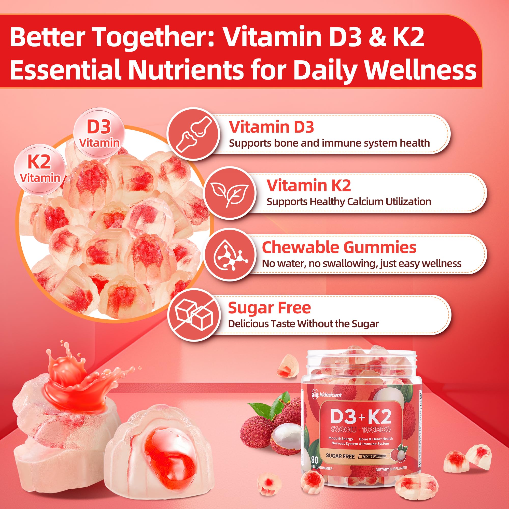 IRIDESICENT Vitamin D3 K2 Gummies Sugar Free - 90 Count | 5,000 IU Vitamin D3 + 100 mcg K2 (MK-7) | Vegan D3 K2 Supplement for Bone & Immune Health Support, Lychee Flavor
