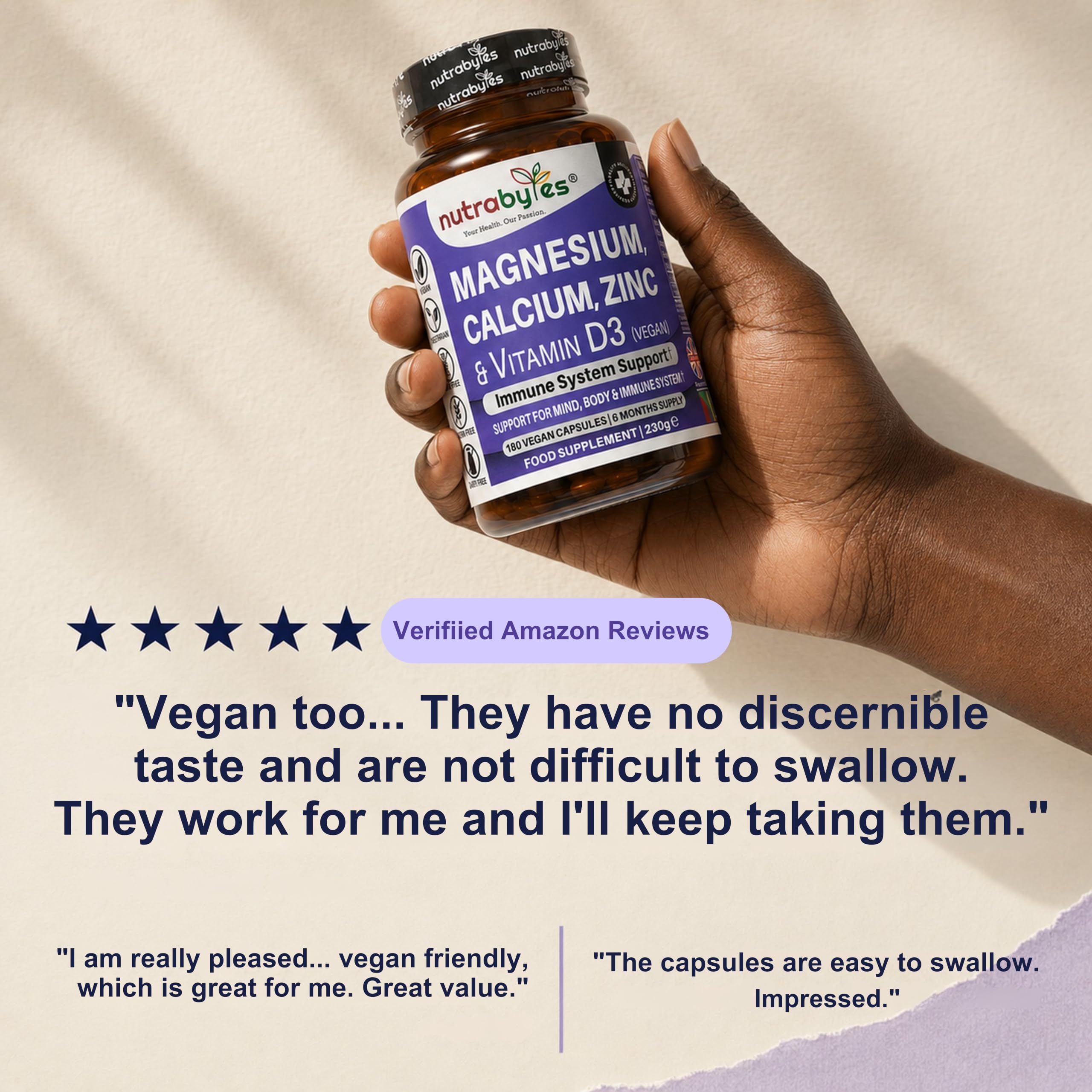 Magnesium, Calcium, Zinc, Vitamin D3 | 180 Vegan Capsules | Made in UK