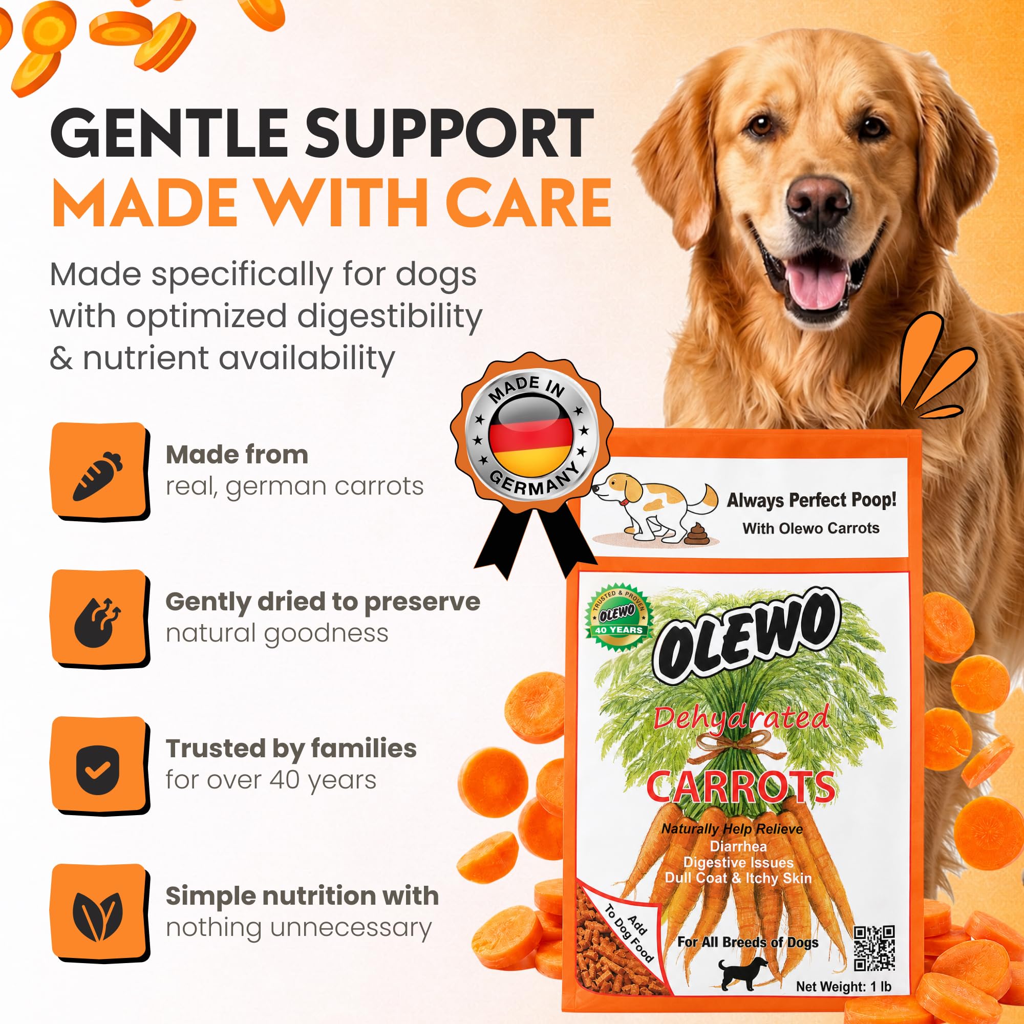 Olewo Original Carrots for Dogs – Fiber for Perfect Poop, Dehydrated Dog Food Toppers for Picky Eaters, Natural Skin & Coat Support, Multivitamin, Probiotics for Digestive & Gut Health, 2.2 lbs