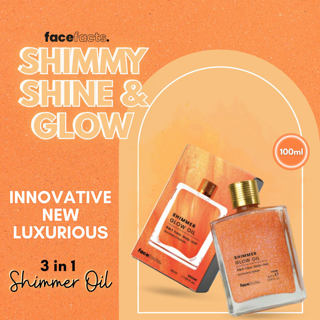 Face Facts Shimmer Glow Oil 100ml – 3-in-1 Body, Face & Hair Oil – Hydrating Vegan Formula – Skin Illuminating Body Oil for Radiant Glow
