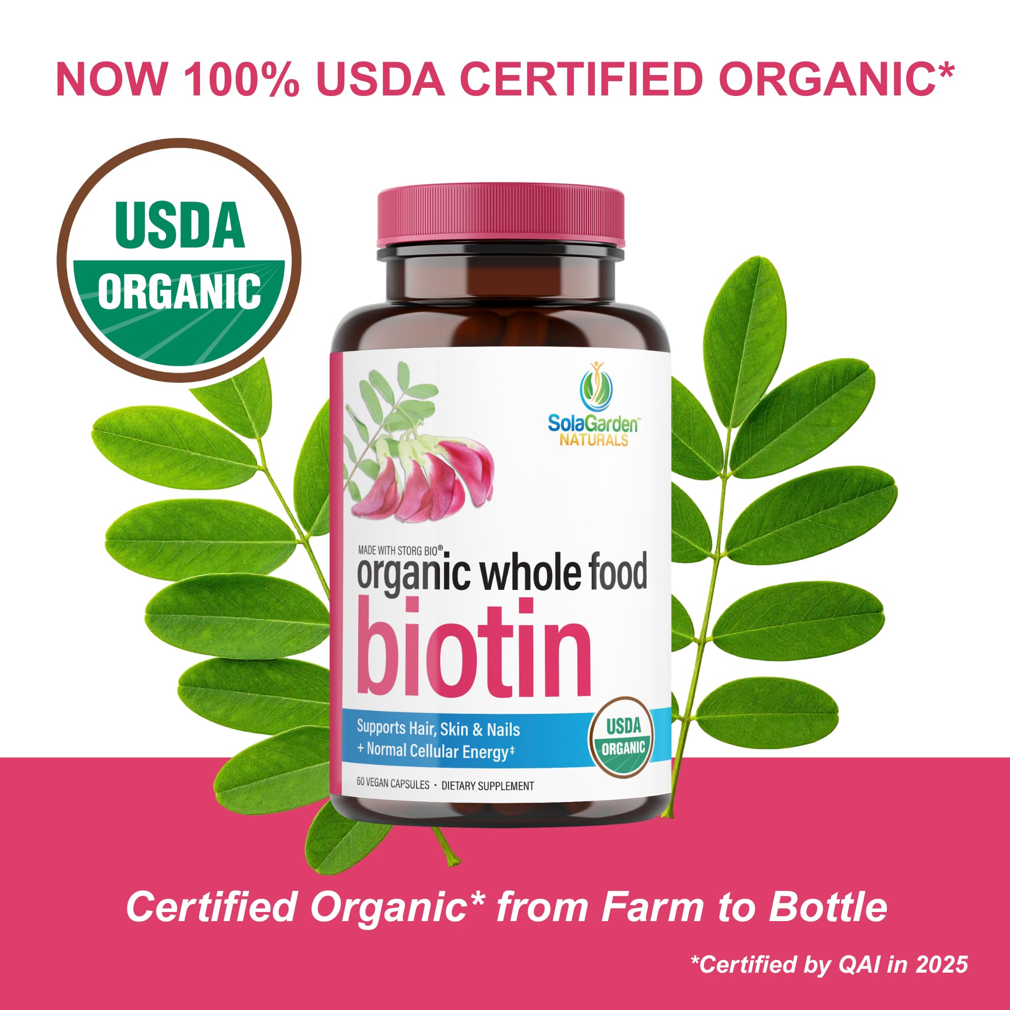 USDA Organic Whole Food Biotin Supplement, Made with Plant-Based Biotin from Sesbania Agati Trees, by SolaGarden Naturals, 60 Non-GMO Vegan Capsules, Supports Hair, Skin, and Nails, Made in USA