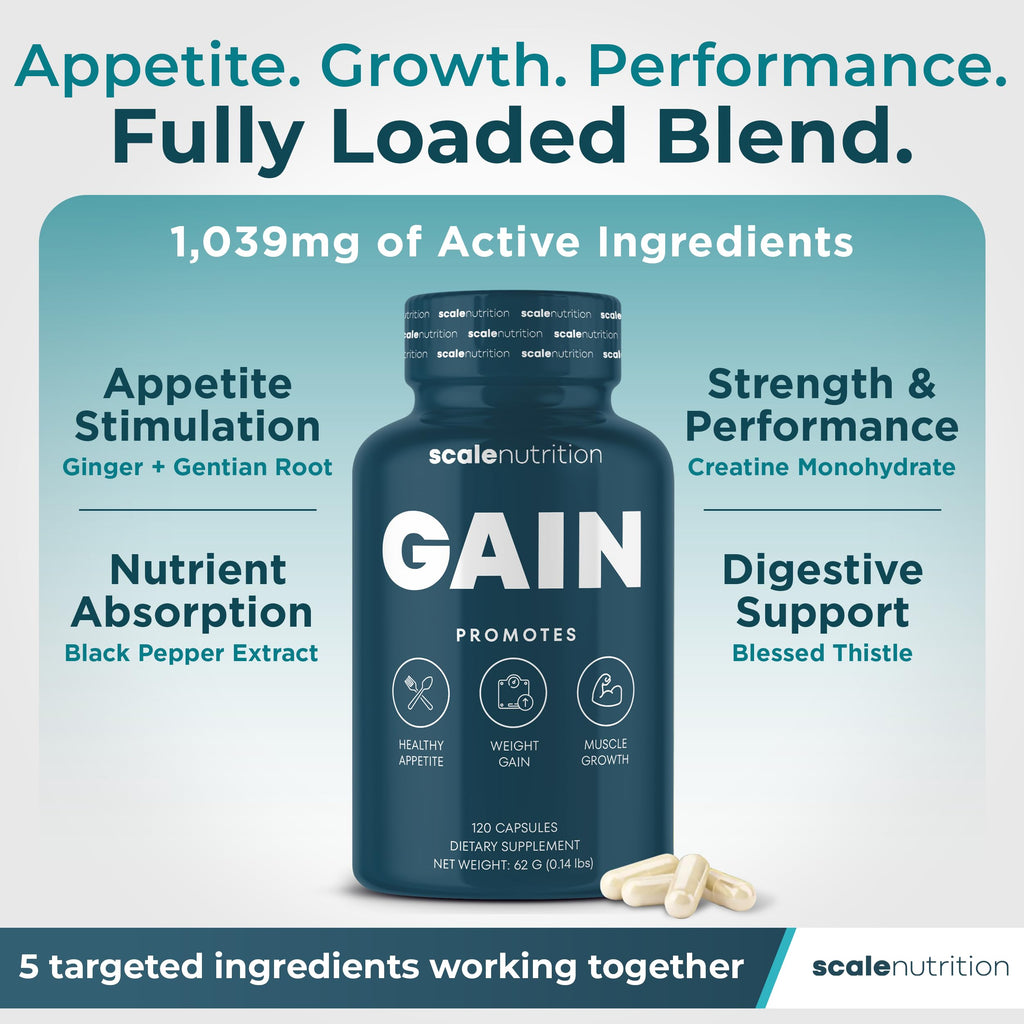 Gain Appetite Booster Capsules for Adults, Weight Gainer Support for Men and Women, Creatine Enhanced Weight Gain Pills with Ginger Extract, Blessed Thistle and Gentian Root - 120 Capsules