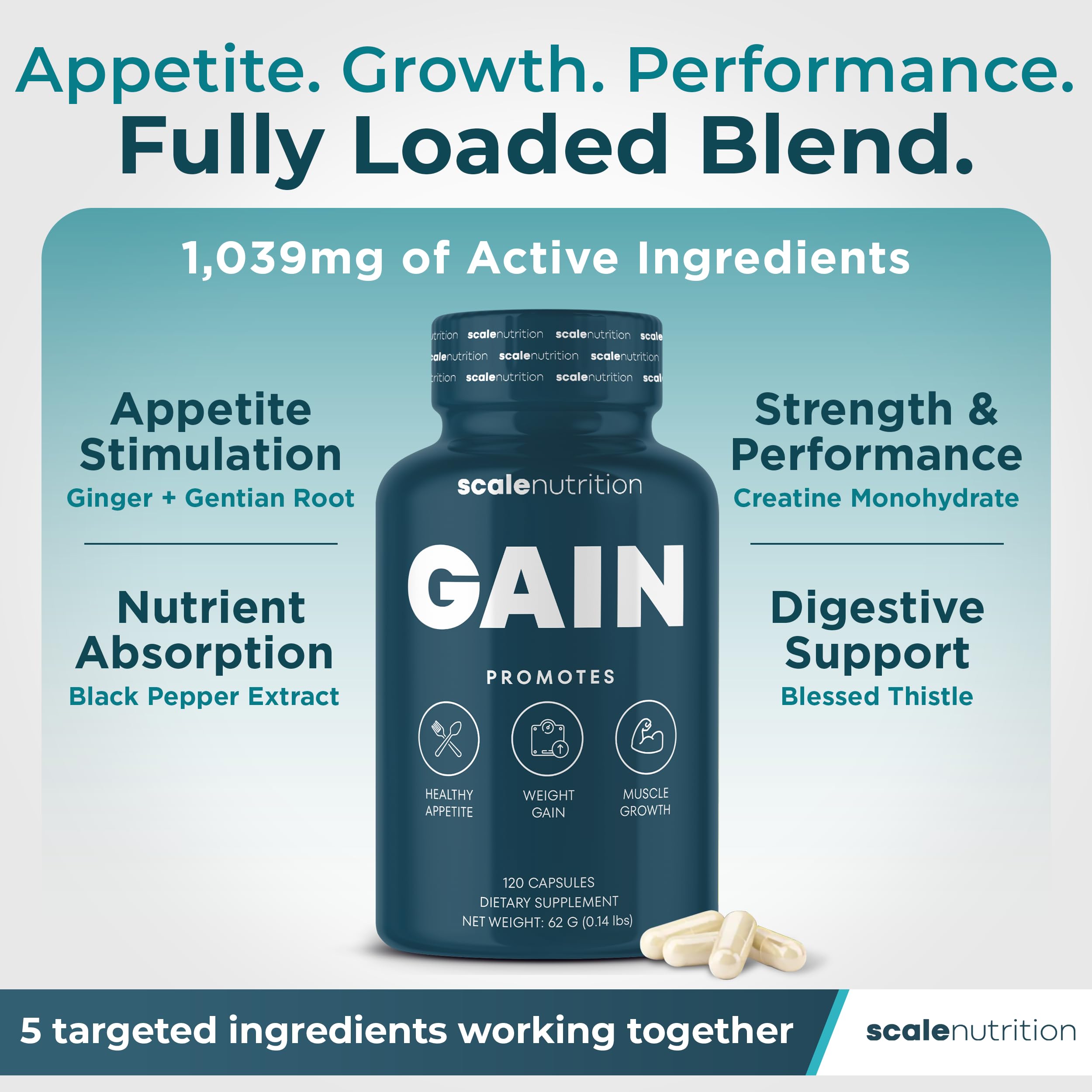 Gain Appetite Booster Capsules for Adults, Weight Gainer Support for Men and Women, Creatine Enhanced Weight Gain Pills with Ginger Extract, Blessed Thistle and Gentian Root - 120 Capsules