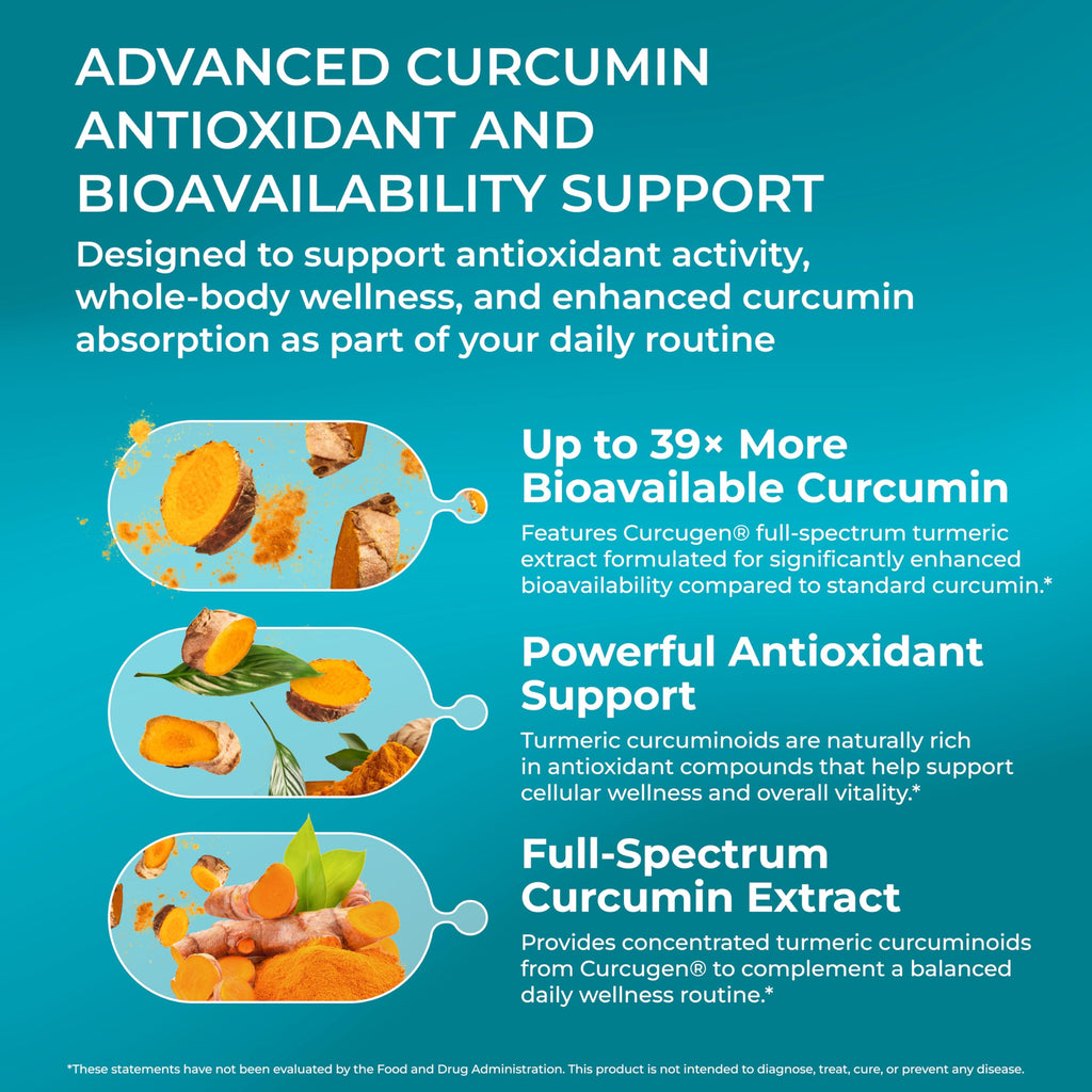 PUREHEALTH RESEARCH Curcumin Extract - High Absorption Turmeric Supplement for Immune, Joint & Muscle Support - for Heart & Brain Health - Powered by Curcugen x39 Bioavailable - 30 Capsules