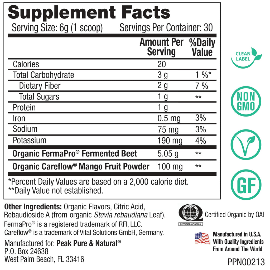 Peak Pure & Natural Peak Organic Fermented Beets - Organic Fermented Beet Powder Superfood Drink Powder - Nitric Oxide Supplement Support for Normal Blood Pressure